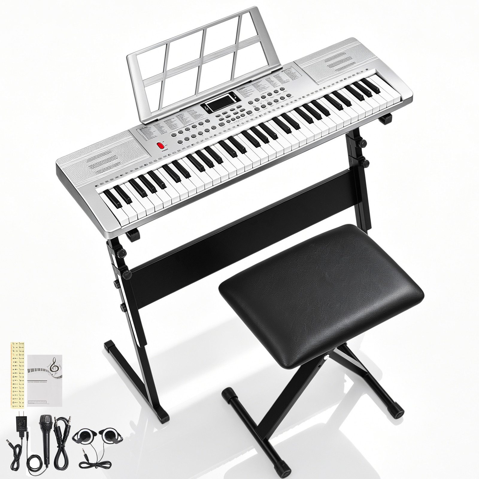 LALAHO Klavier 61 Tasten E Keyboard,Digitalpiano Set, Elektronisches Klavier,Keyboardständer, Keyboardbank und Mikrofon