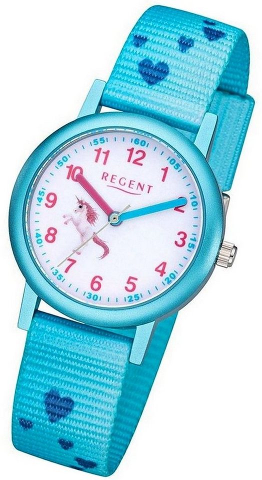 Regent Quarzuhr Regent Textil Kinder Uhr F-1208 Analog, Kinderuhr  Textilarmband blau, rundes Gehäuse, klein (ca. 29mm)