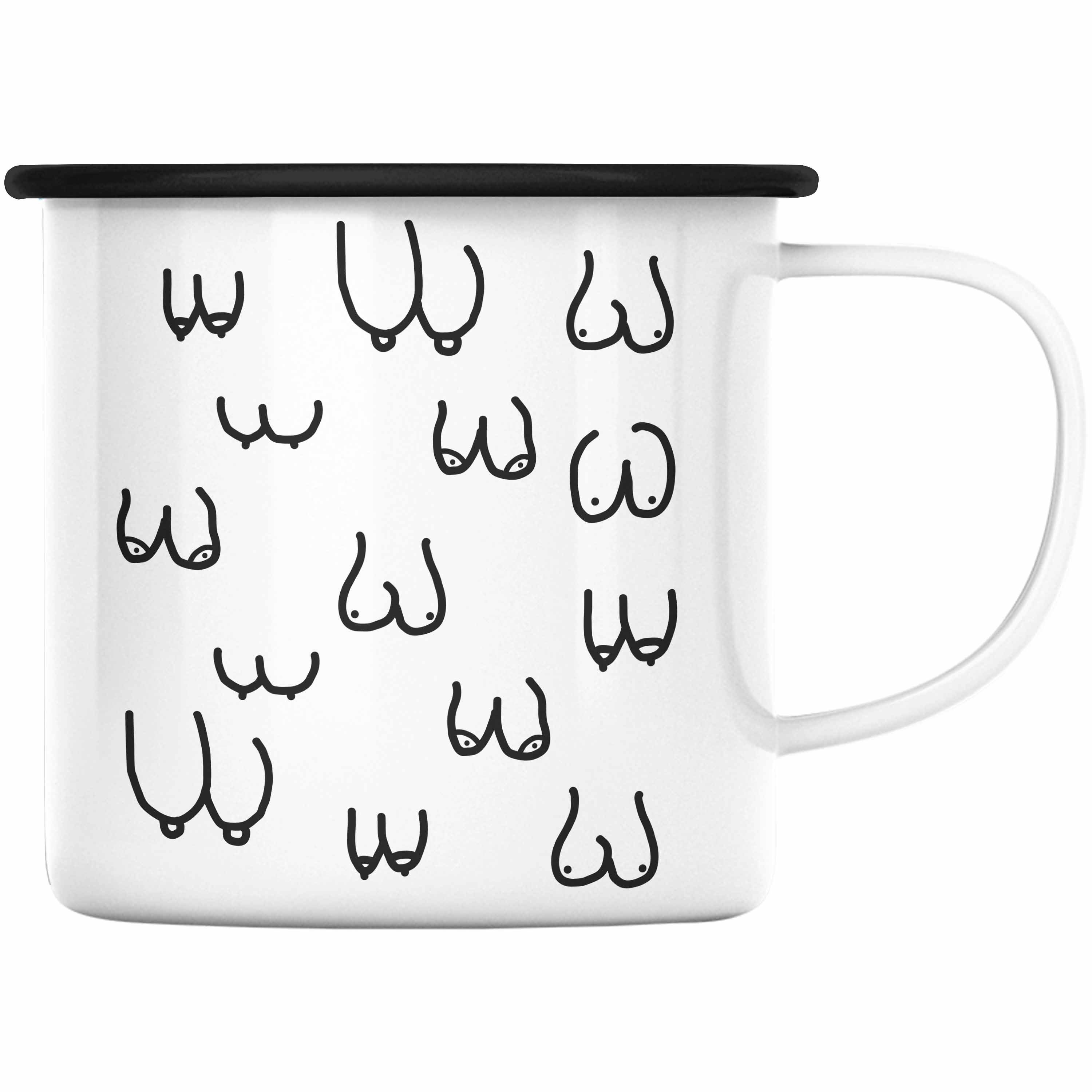 Trendation Thermotasse Trendation - Lustige Emaille Tasse mit Busen / Brüsten für Erwachsene als 18+ Geschenkidee Lustige Feminismus KaffeeEmaille Tasse Schwarz