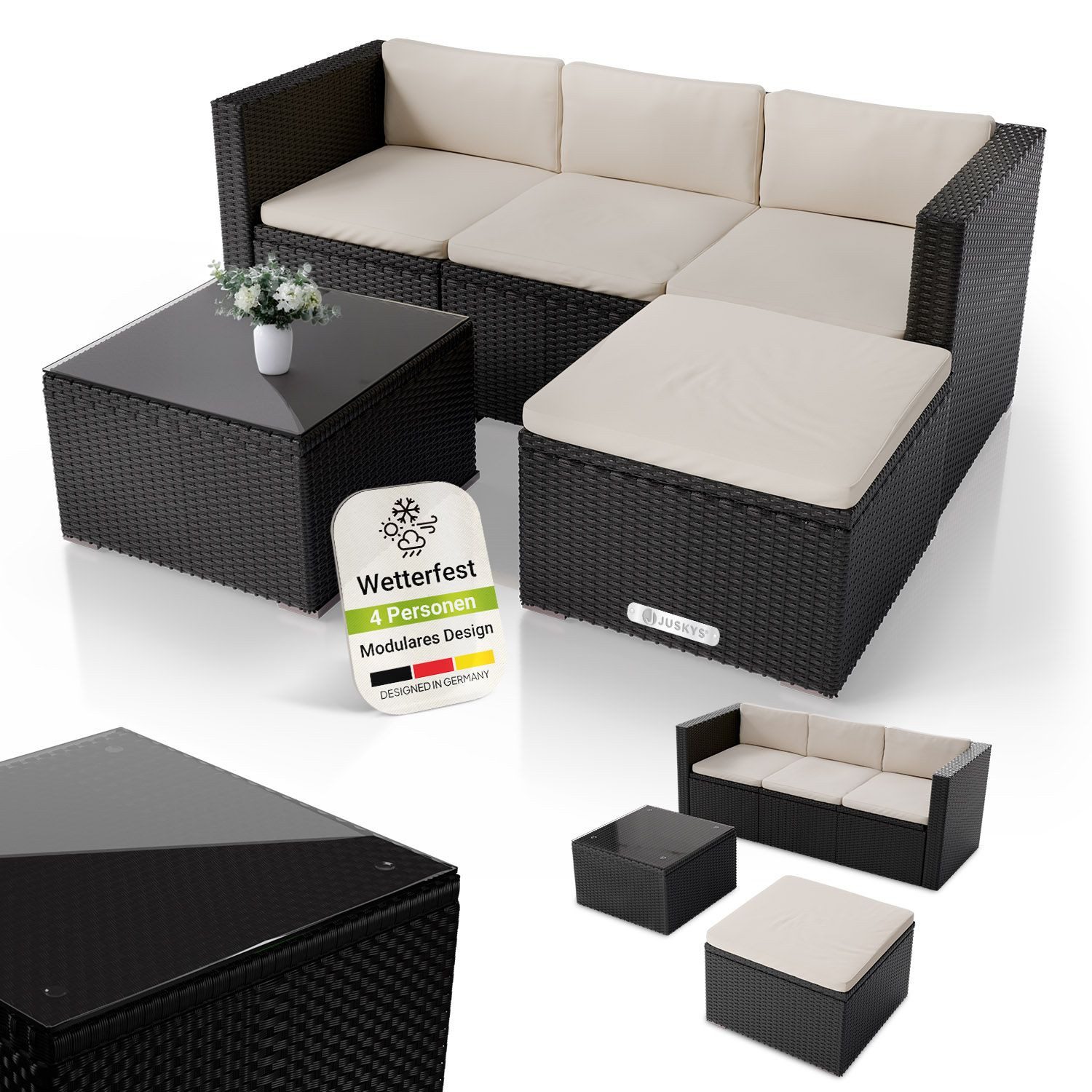 Juskys Gartenlounge-Set Punta Cana, (Set, Sitzgruppe), Polyrattan Sitzgarnitur mit 1 Tisch, 1 Sofa und 1 Hocker