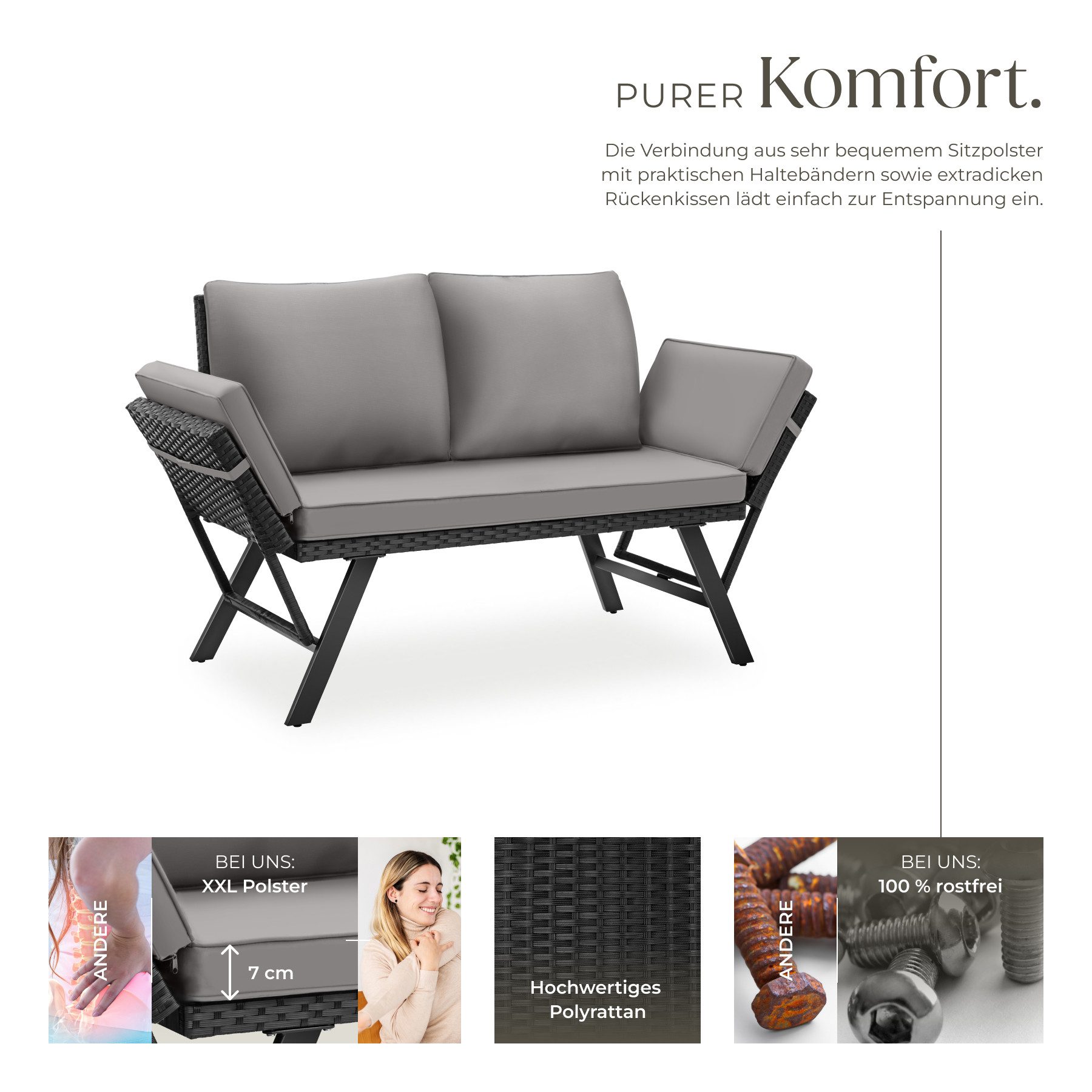 tectake Loungeset Rattan Sitzgruppe, 250 kg Belastbarkeit, höhenverstellbare Füße, (Gartenlounge-set Sintra, 1-tlg., geeignet für Outdoor in Hellgrau/Schwarz), UV-beständiges und wetterfestes Geflecht, Dicke des Sitzpolsters 7 cm