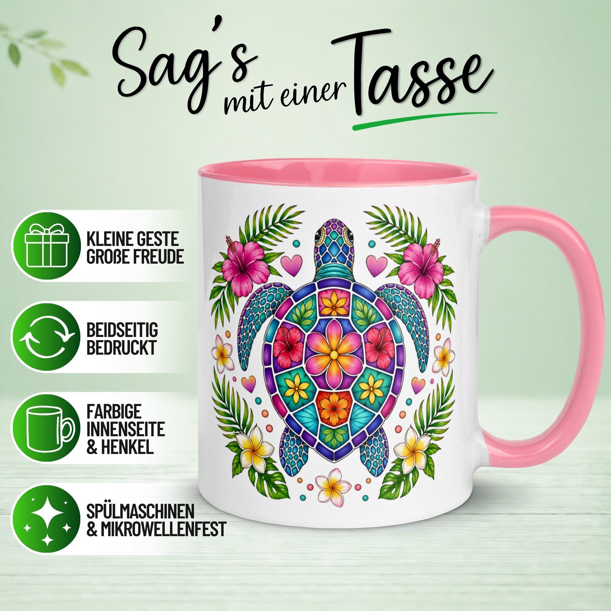 Momentals Tasse Schildkröte – Blumen Mosaik Motiv – Farbenfrohes Schildkröten Geschenk, Gratis Versand · Links-&Rechtshänder · Spülmaschinenfest