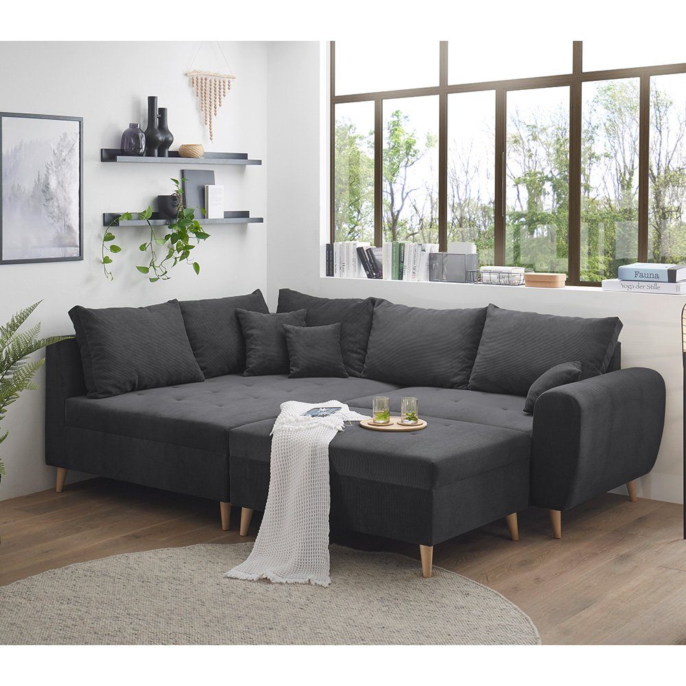 mit Rücken Ecksofa, echt Lomadox 249x94x175 Polstergarnitur cm 8 anthrazit Ecksofa Kissen LOMADOX