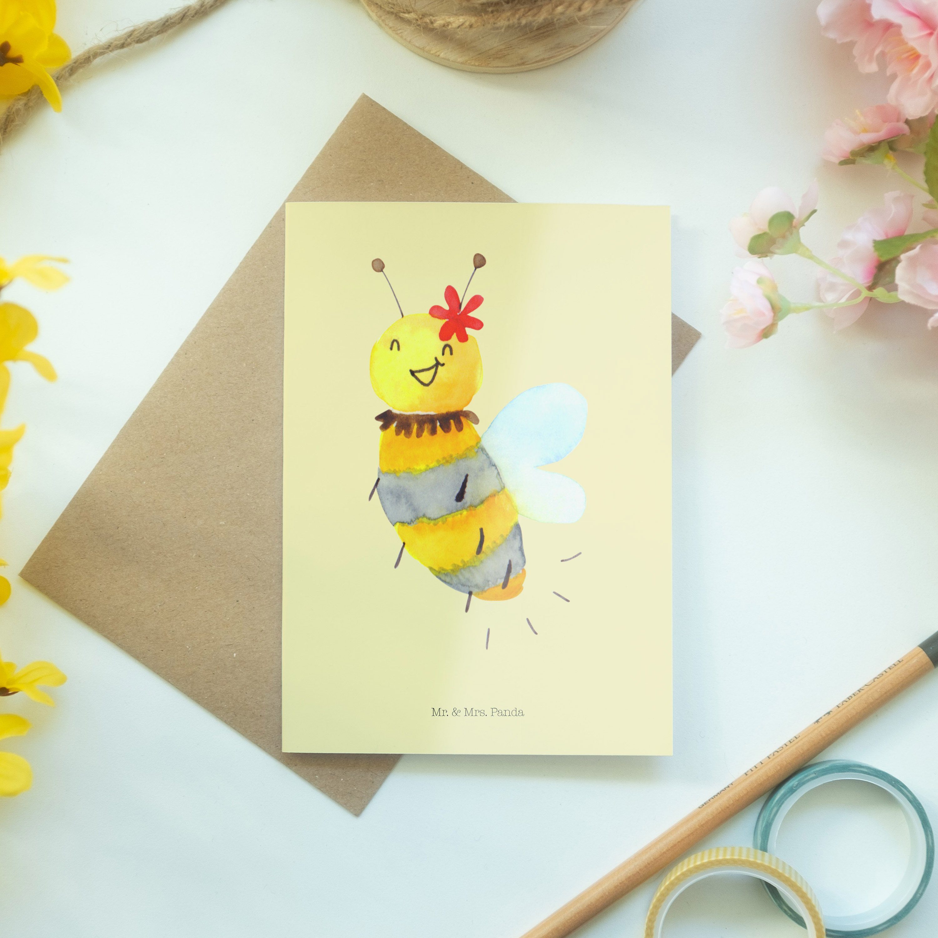Grußkarte - Wespe, Mrs. - Geschenk, Gelb & Biene Einladungskarte Panda Hummel, Mr. Blume Pastell