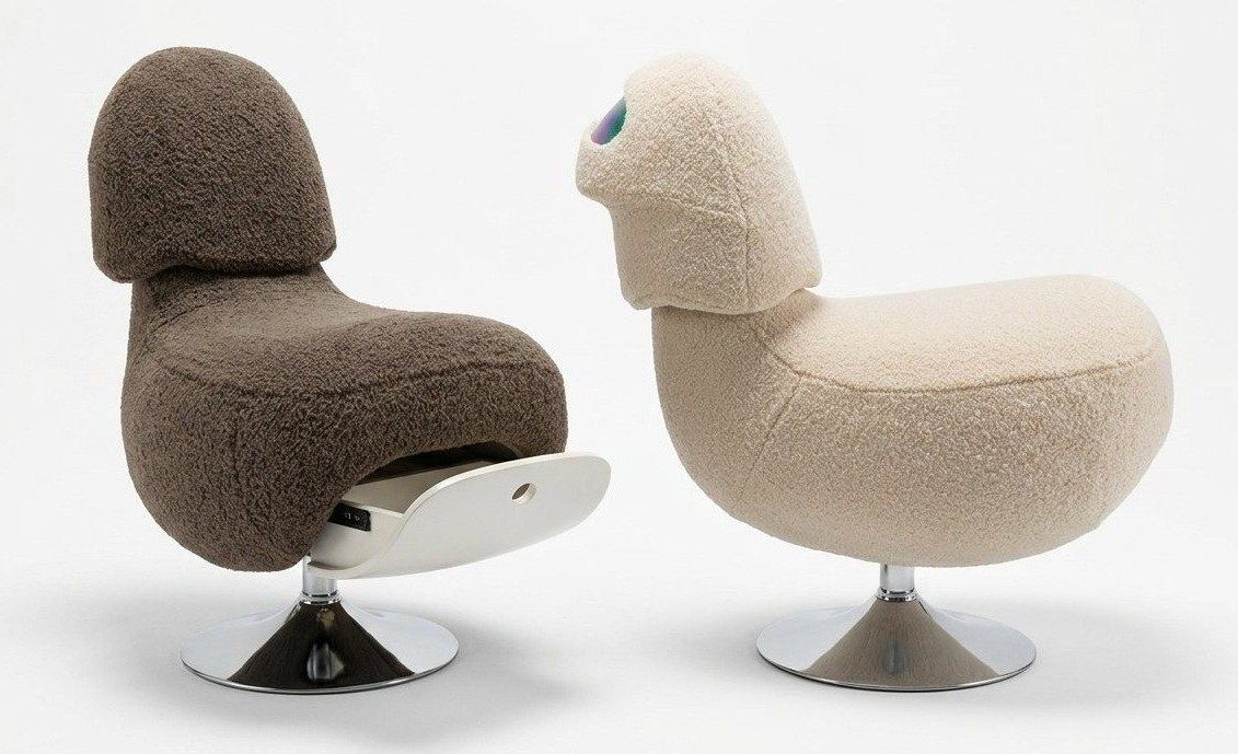 Xlmoebel Loungesessel Kinder Lounge Drehsessel Küken Bouclé Stauraum Modern Beige Braun (1-St., 1-tlg), Drehbar