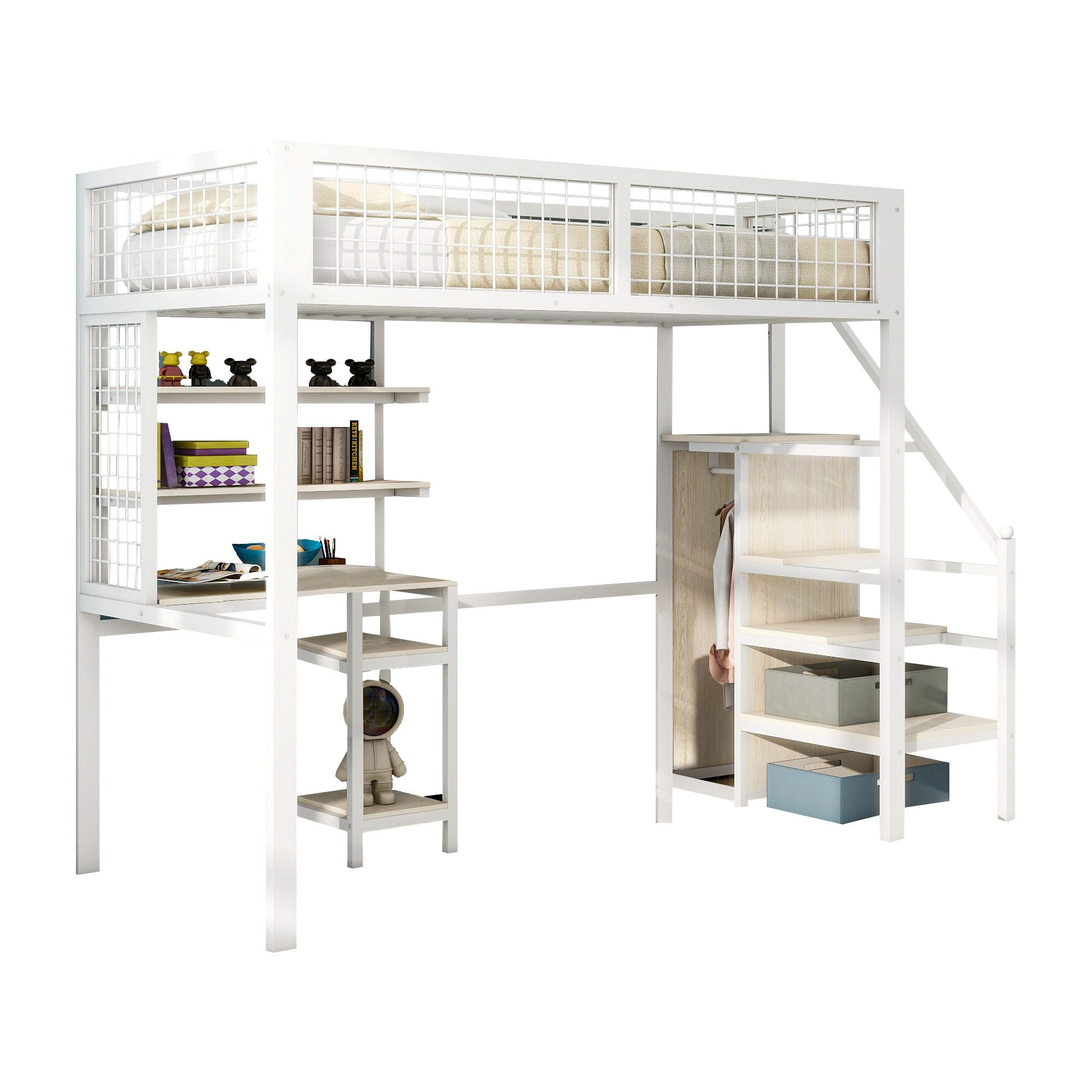 Flieks Hochbett Kinderbett 90x200cm mit Tisch/Leiter/Regal/Kleiderschrank günstig online kaufen