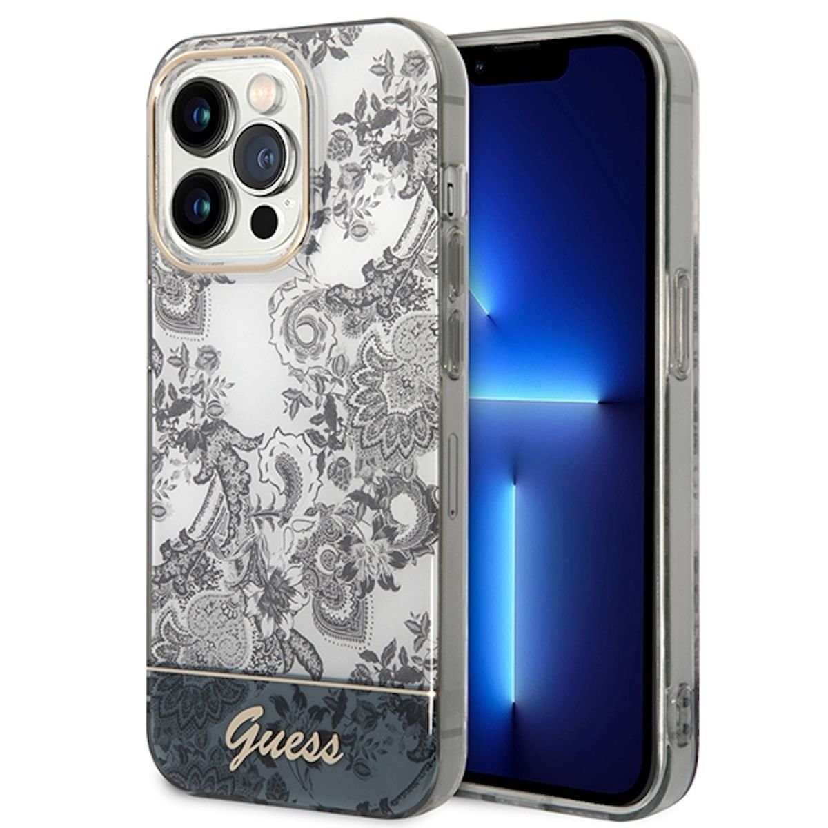 Guess Handyhülle GUESS Schutzhülle für Apple iPhone 14 Pro Cover Etui Hard Case Porcelain Collection Schwarz
