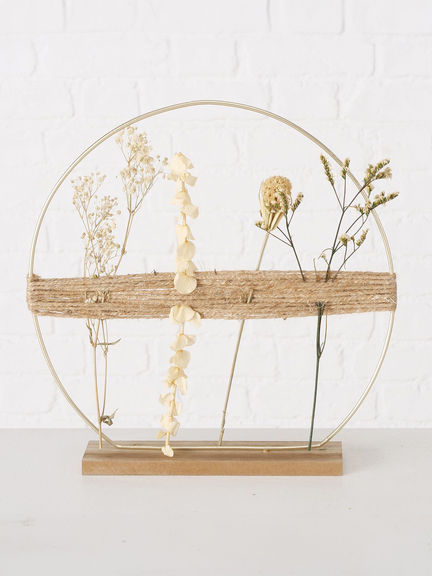 Dekorieren macht glücklich Dekoobjekt Dekoaufsteller „Felizia“ 2er-Set mit Trockenblumen (Verschiedene Höhen: 42 + 60 cm), Metallring auf Holzfuß, moderne Tisch- & Wohnraumdeko