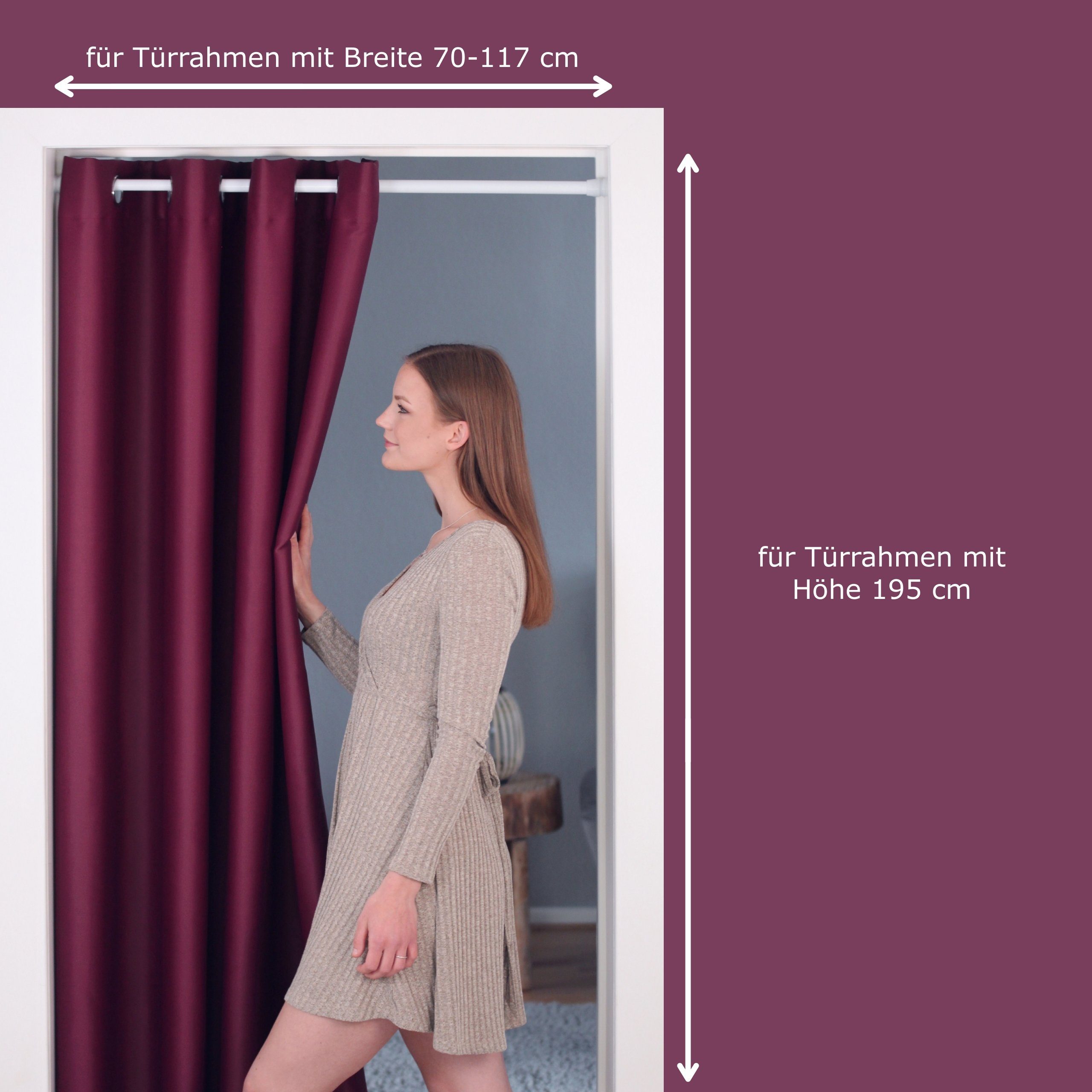 Vorhang tinycurtains, 70-120 rot Bordeaux Türgardine mit Ösen, (Berry) Vorhang verdunkelnd, mit cm Polyester, ohne bordeaux Thermo Stange Tür blickdicht, Berry, weiß Klemmstange Raumtrenner Türvorhang Bohren,