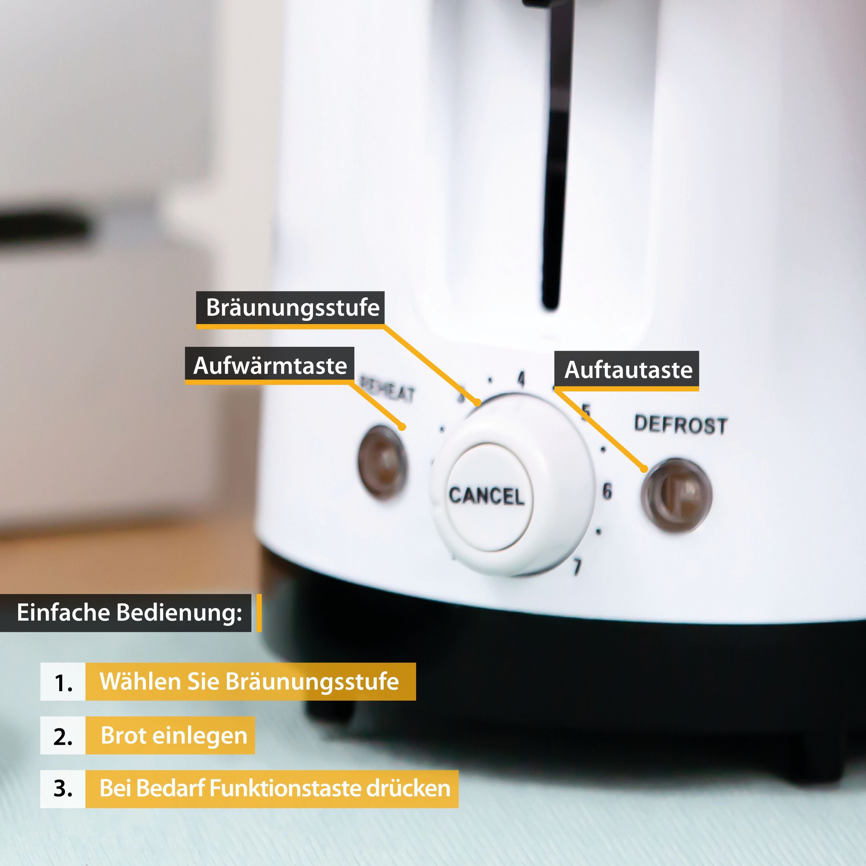 Toaster 750W, 2 Stufen, Warmhalte- Krümelschale 7 2 Scheiben, für Doppel TZS inkl. Kurzschlitz weiß, Auftaufunktion, und AUSTRIA Scheiben, Toaster, FIRST