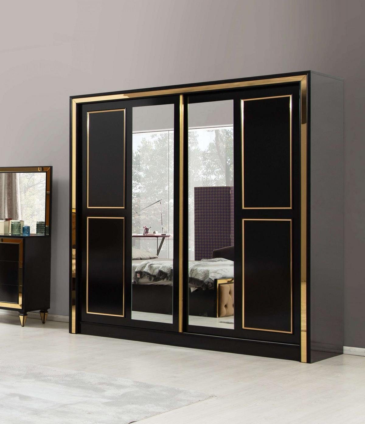 JVmoebel Kleiderschrank Großer Schwarz Goldener Kleiderschrank mit  Schiebtüren Spiegeltüren Made In Europe