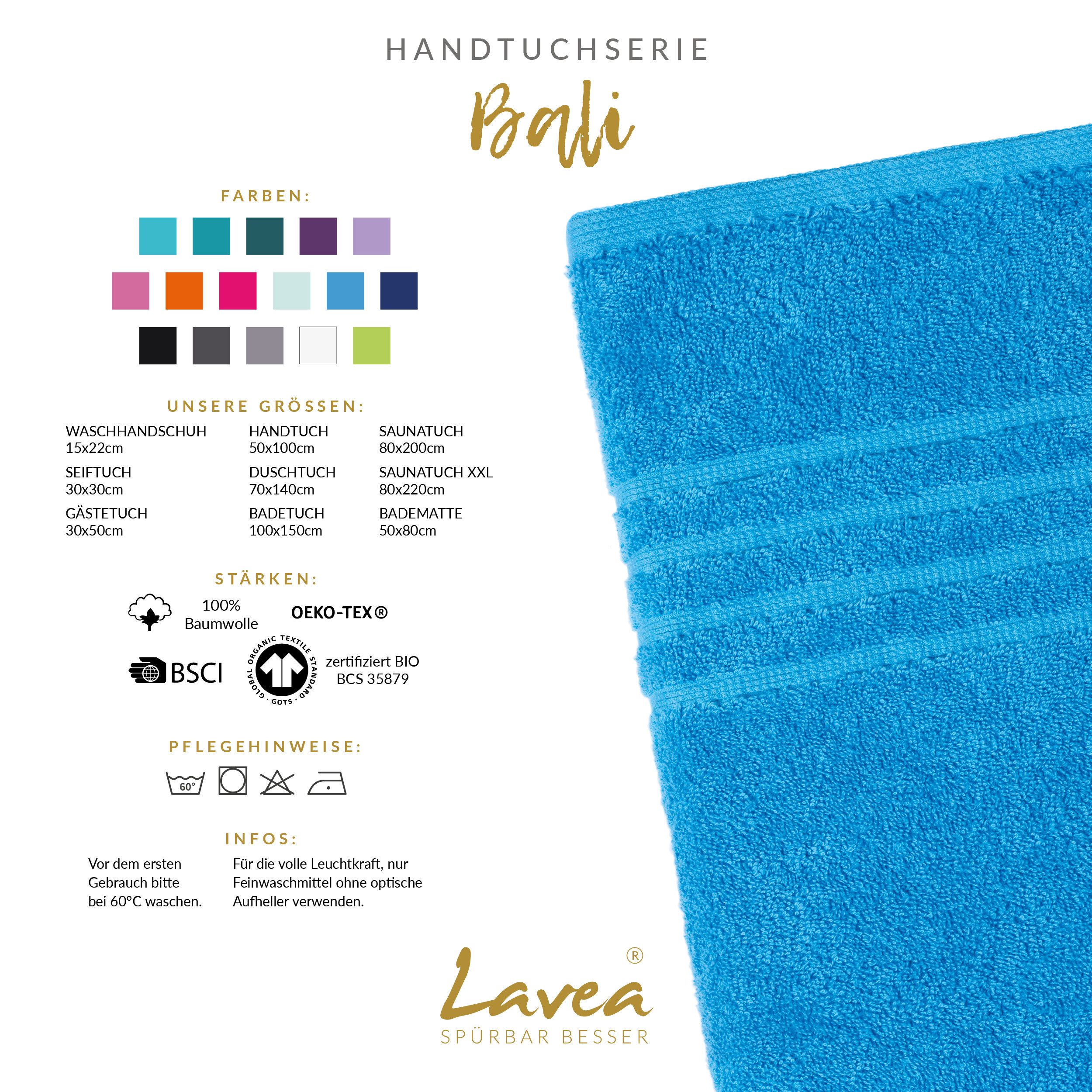 Lavea Badetuch Bali Duschtuch 100x150 cm Duschtuch 70x140 cm, Weiches Bio-Baumwollfrottee (1-St), Handtuch, GOTS-zertifiziert, extra saugstark mit 500g/m²