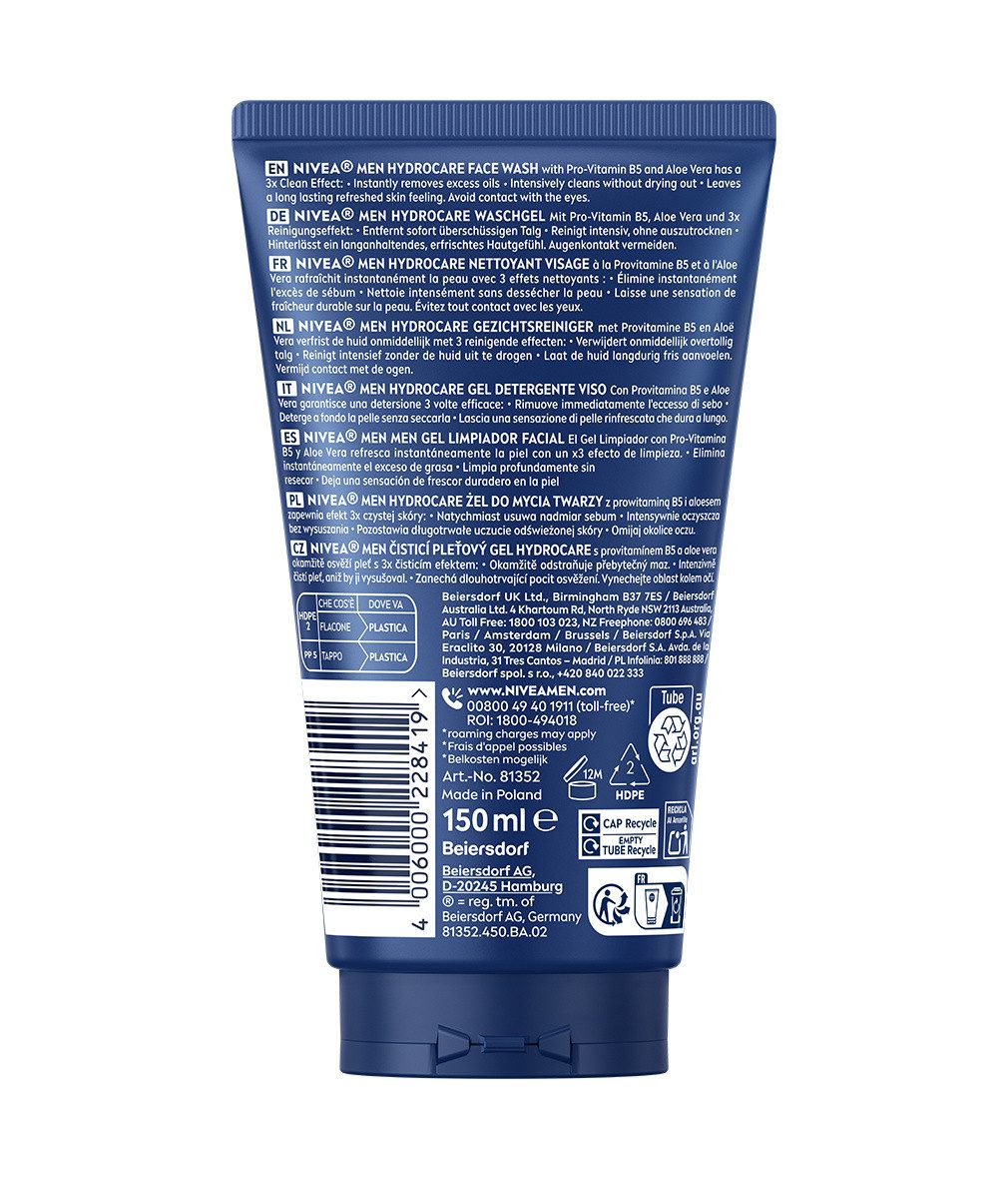 Nivea Men Duschgel HydroCare Waschgel XXL 2 x 150ml Gesichtswaschgel, 2-tlg., Gesichtsreinigung