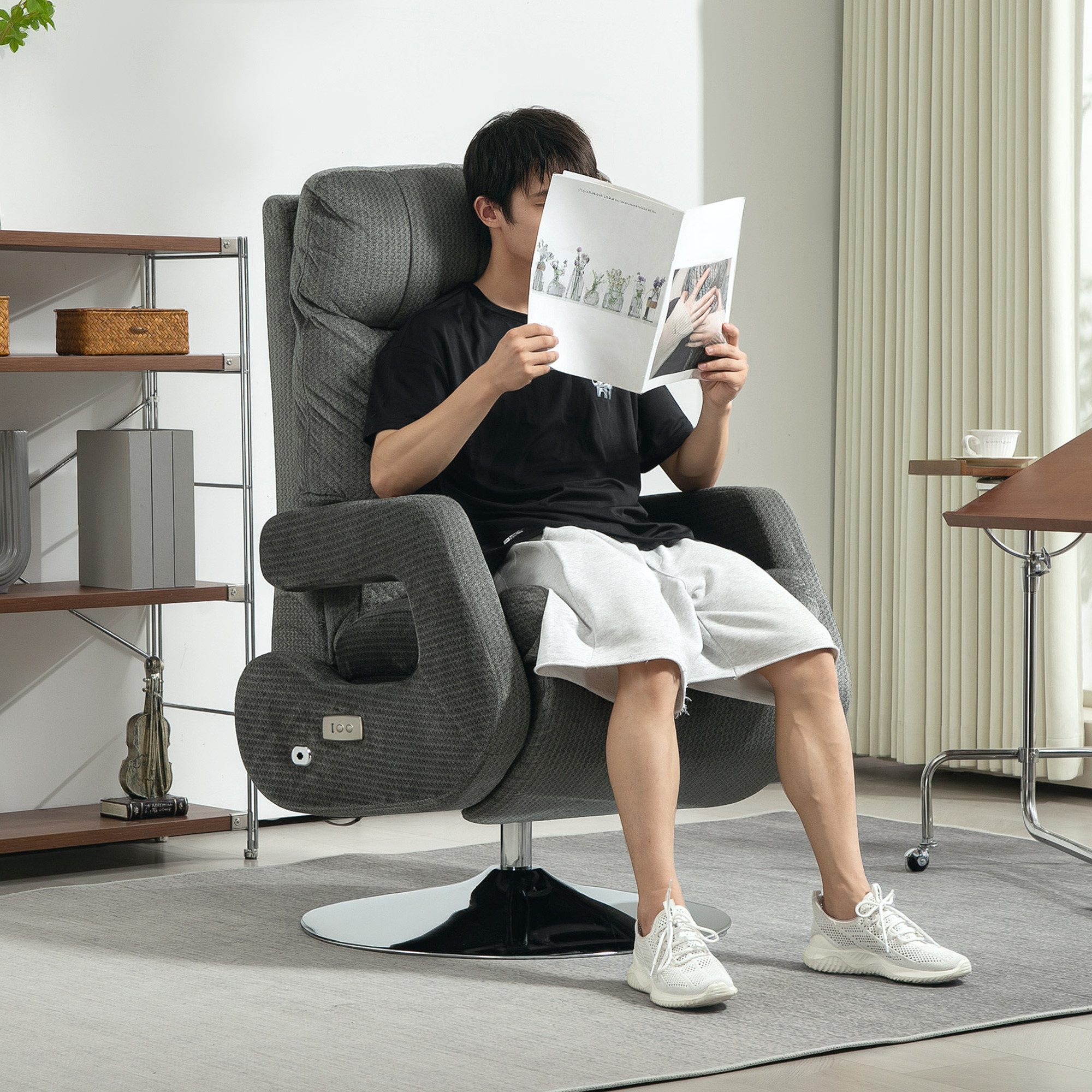 HOMCOM Relaxsessel Fernsehsessel mit Liegefunktion, USB-Ladeanschluss, dunkelgrau (Drehbar Liegesessel mit USB-Ladeanschluss, 1-St., Verstellbare Rückenlehne und Fußstütze), für Wohnzimmer, Dunkelgrau