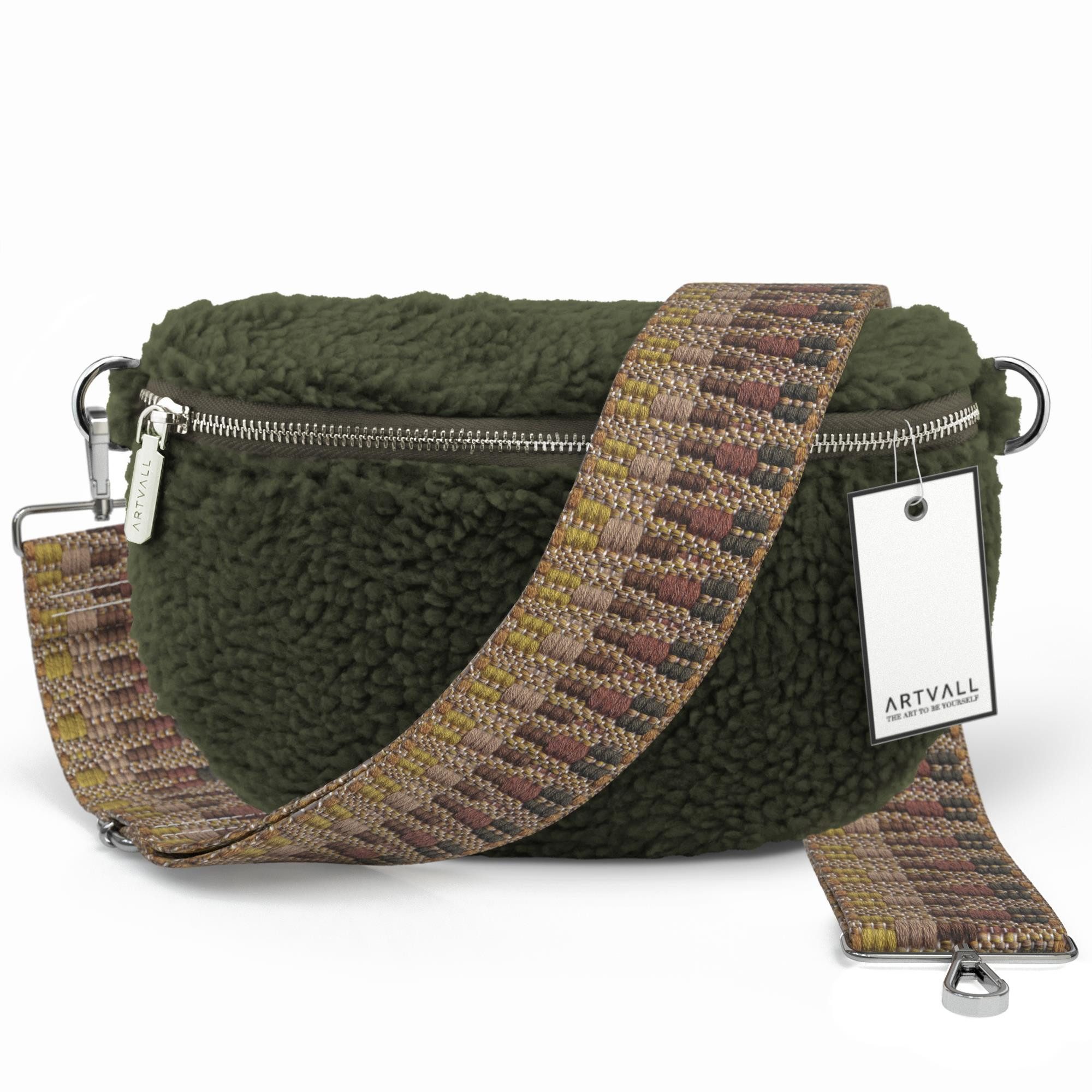 ARTVALL Umhängetasche Teddy Handtasche Damen Bag Brusttasche Olivgrün (Tasche inkl. Taschenband), Bauchtasche Teddytasche mit breitem Band Plüsch Tasche flauschig Klein
