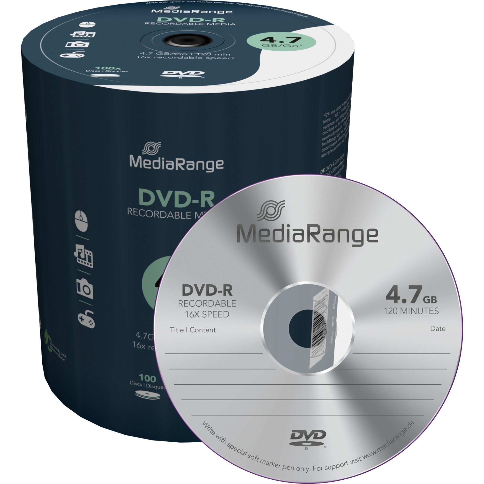 Mediarange DVD-Rohling MediaRange DVD-R 4,7 GB, DVD-Rohlinge, (16fach