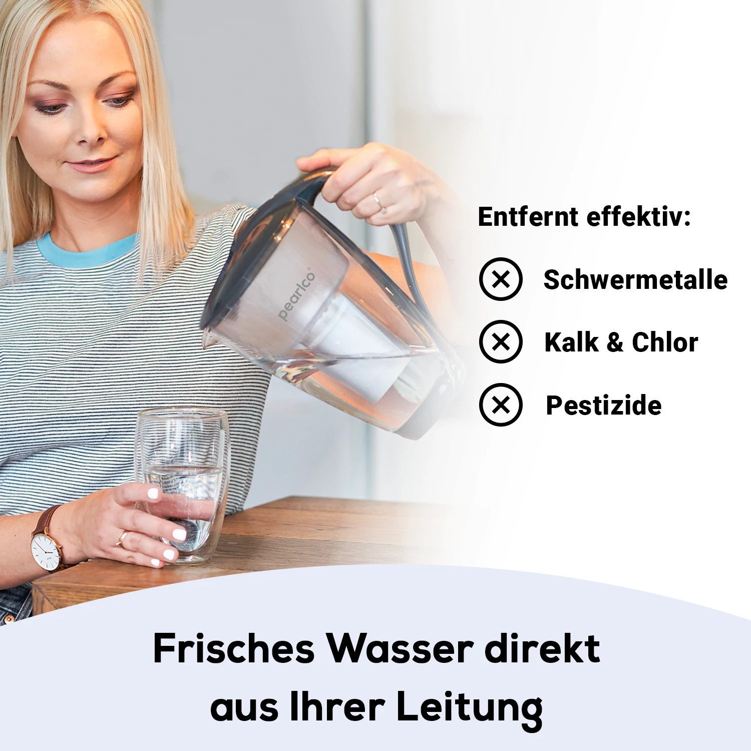 PerloPur Wasserfilter Glas Schwarz Inkl. 12 Universal Filterkartuschen, Zubehör für Brita Classic u. PearlCo Classic