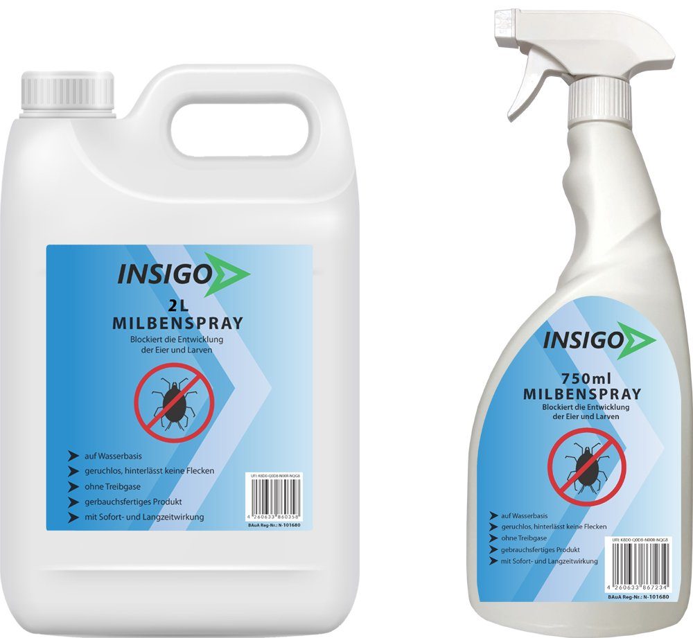 INSIGO Insektenspray / ätzt Anti Milben-Spray Langzeitwirkung brennt geruchsarm, Wasserbasis, Milben-Mittel Ungezieferspray, 2.75 nicht, l, mit auf