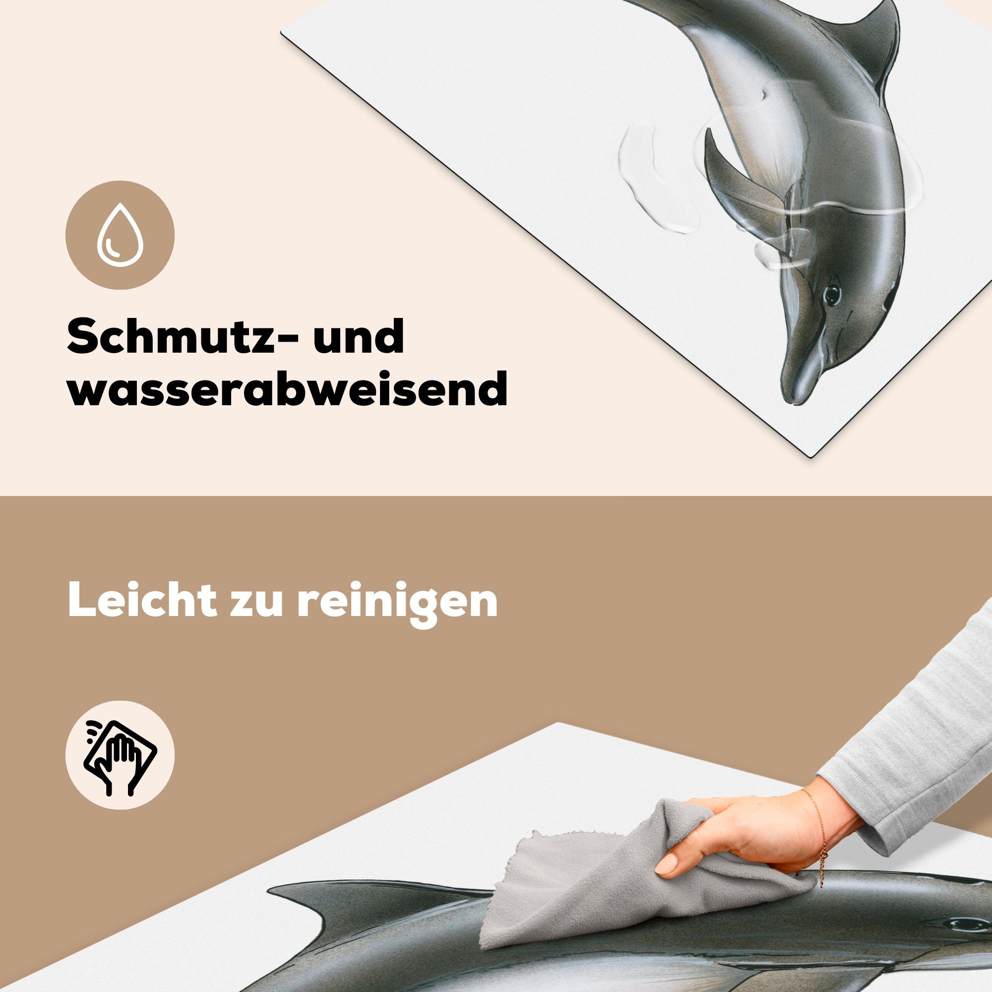 küche, Herdblende-/Abdeckplatte tlg), für - Vinyl, Weiß, Schutz (1 Delfin die cm, MuchoWow Ceranfeldabdeckung 81x52 Induktionskochfeld