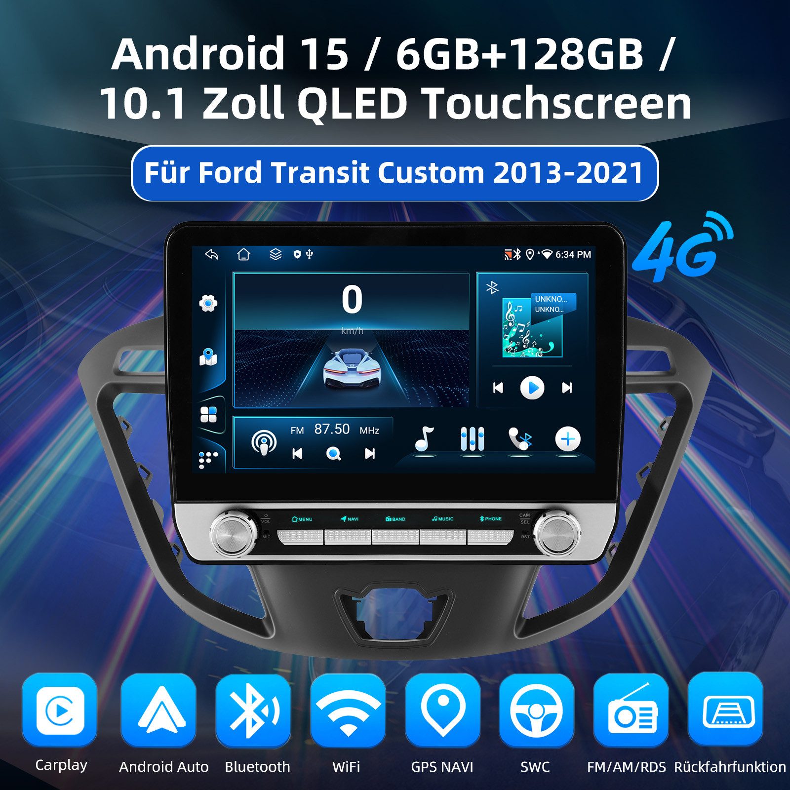 ESSGOO Android16 DAB+ Autoradio Für Ford Transit Custom 2012-2021 Carplay GPS Autoradio (RDS, 4+64GB(optional), Digitalradio (DAB), FM, GPS, SWC) – Bild 2 von 5