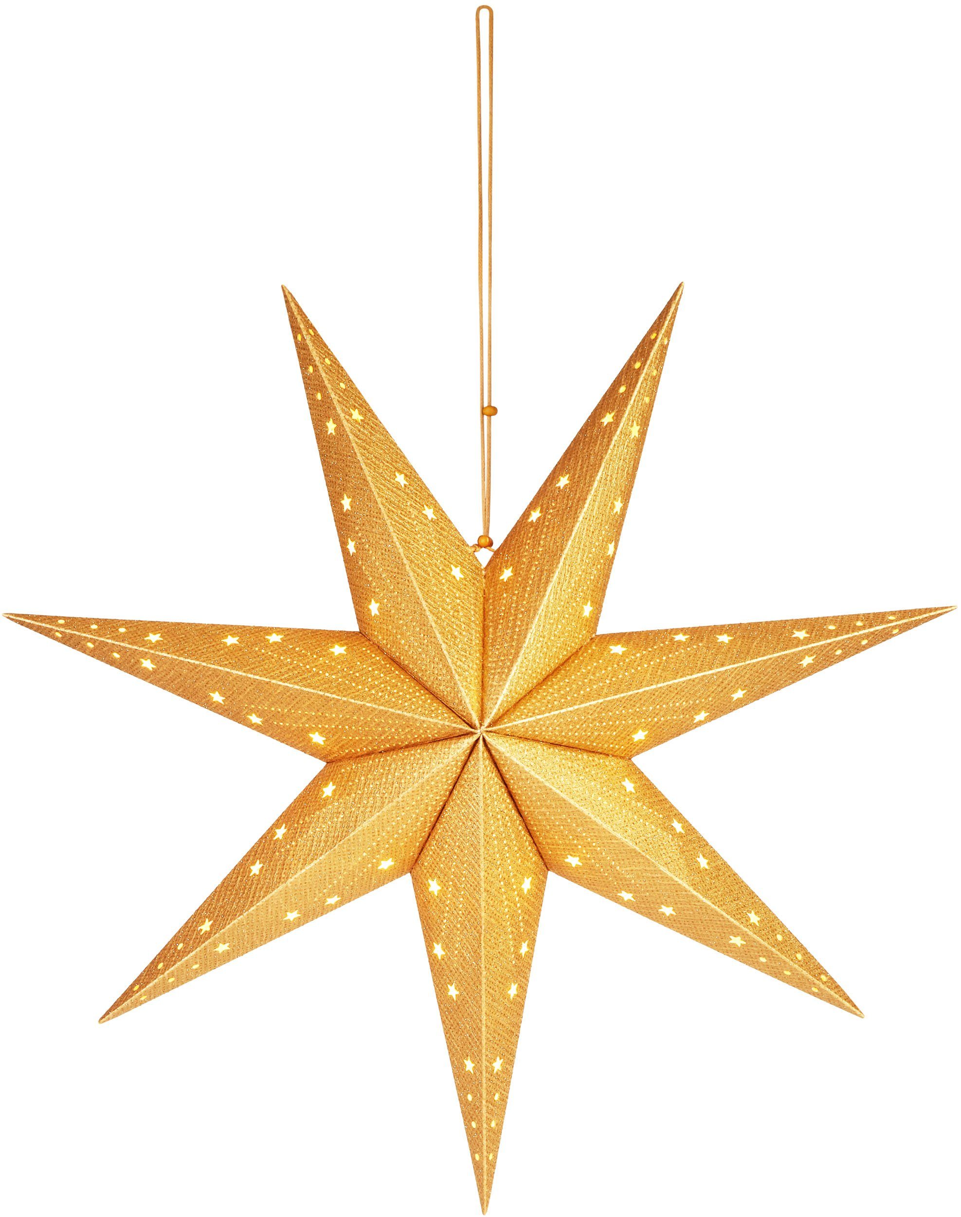 BRUBAKER LED Stern Weihnachtsstern zum Warmweiß, - Fenster 7 Adventsstern cm - Papierstern integriert, Aufhängen Leuchtstern 60 Deko LED und Batteriebetrieben, 3D fest mit Spitzen, Hängend Gold Beleuchtet