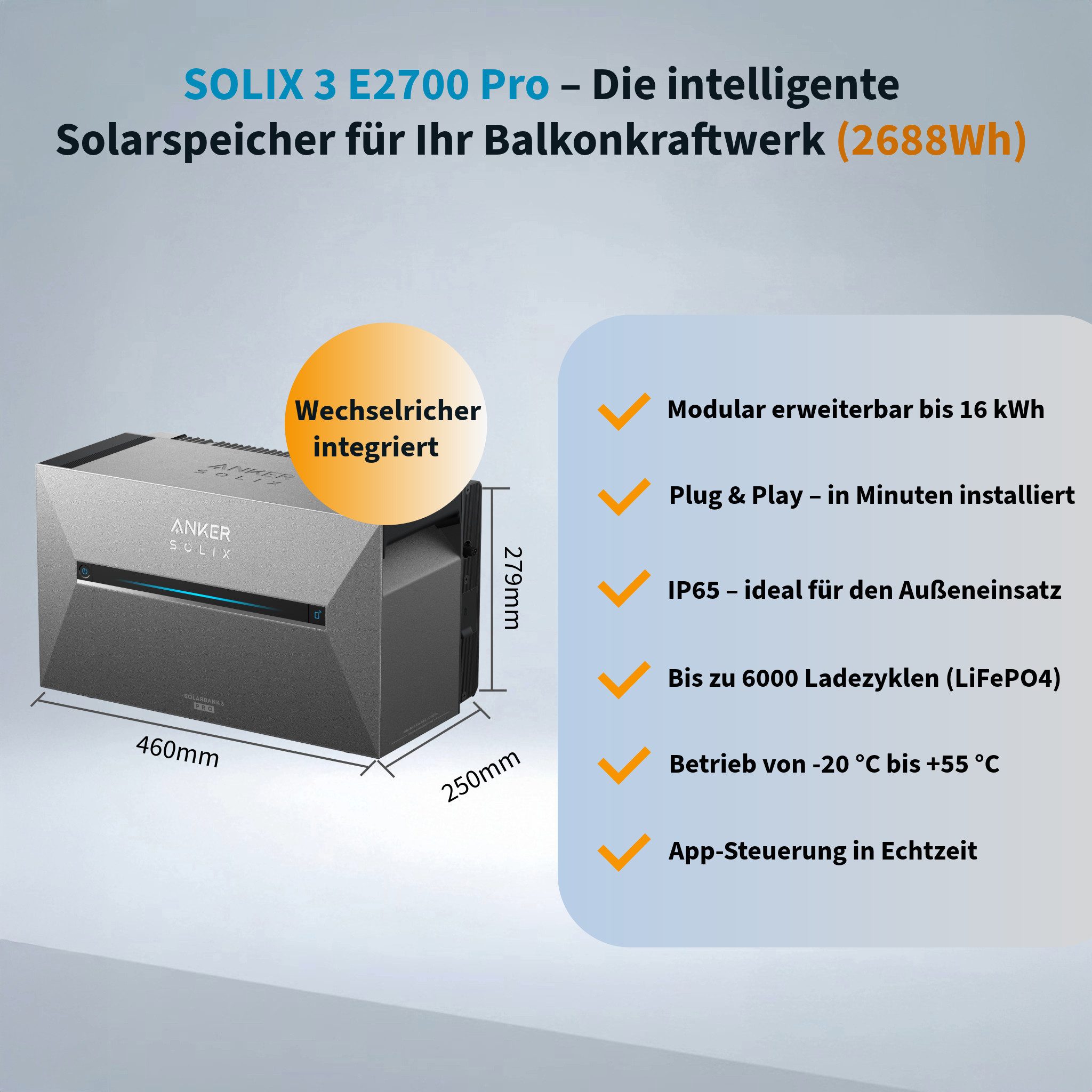Anker Balkonkraftwerk Solix 1820W Photovoltaikanlage Komplettset mit Solarbank E2700 3 Pro, Monokristallin, (Set, 4*455W Solarmodule + Anker Solarbank 3 Pro + ohne/mit Halterung), mit Smart Zähler, IP65, Plug und Play