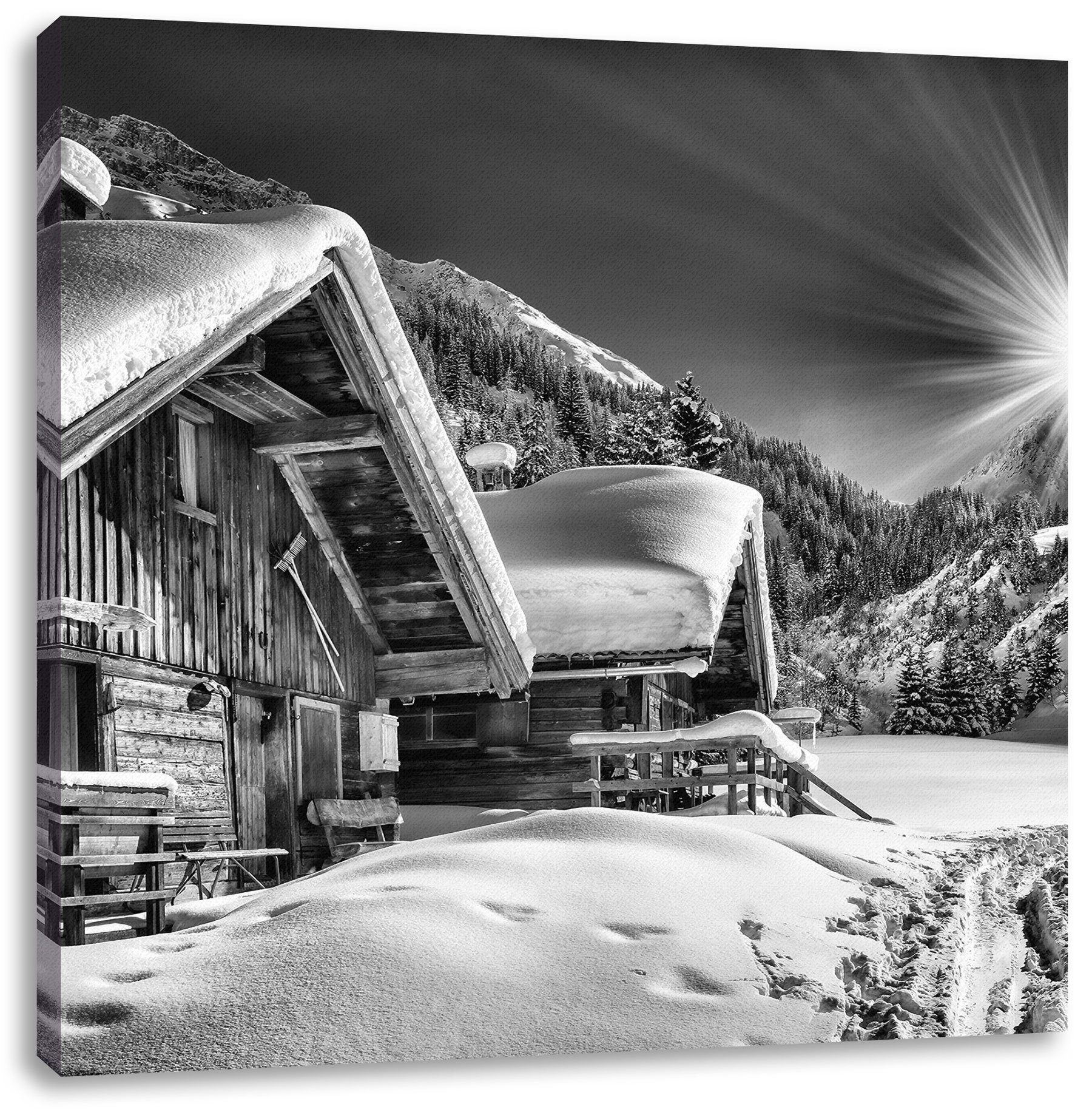 Leinwandbild Leinwandbild inkl. St), Alpenhütte Verschneite Pixxprint (1 Zackenaufhänger bespannt, Verschneite fertig Alpenhütte,