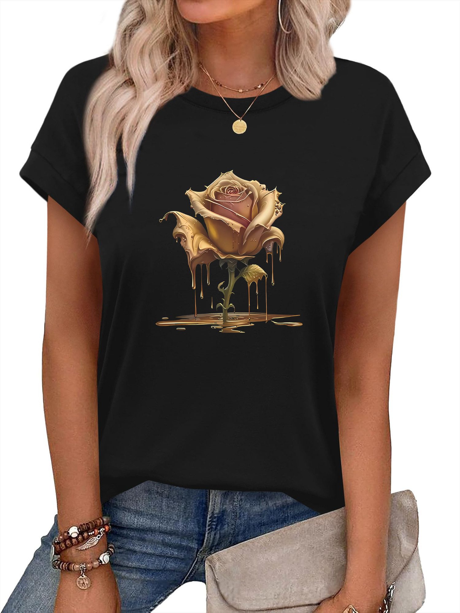 PYLIKE Rundhalsshirt Damen Elegant Achselhemd mit Rose Druck bequemes Rundhalsshirt Modische Outfits Business Strand Urlaub Blusen Kleidung