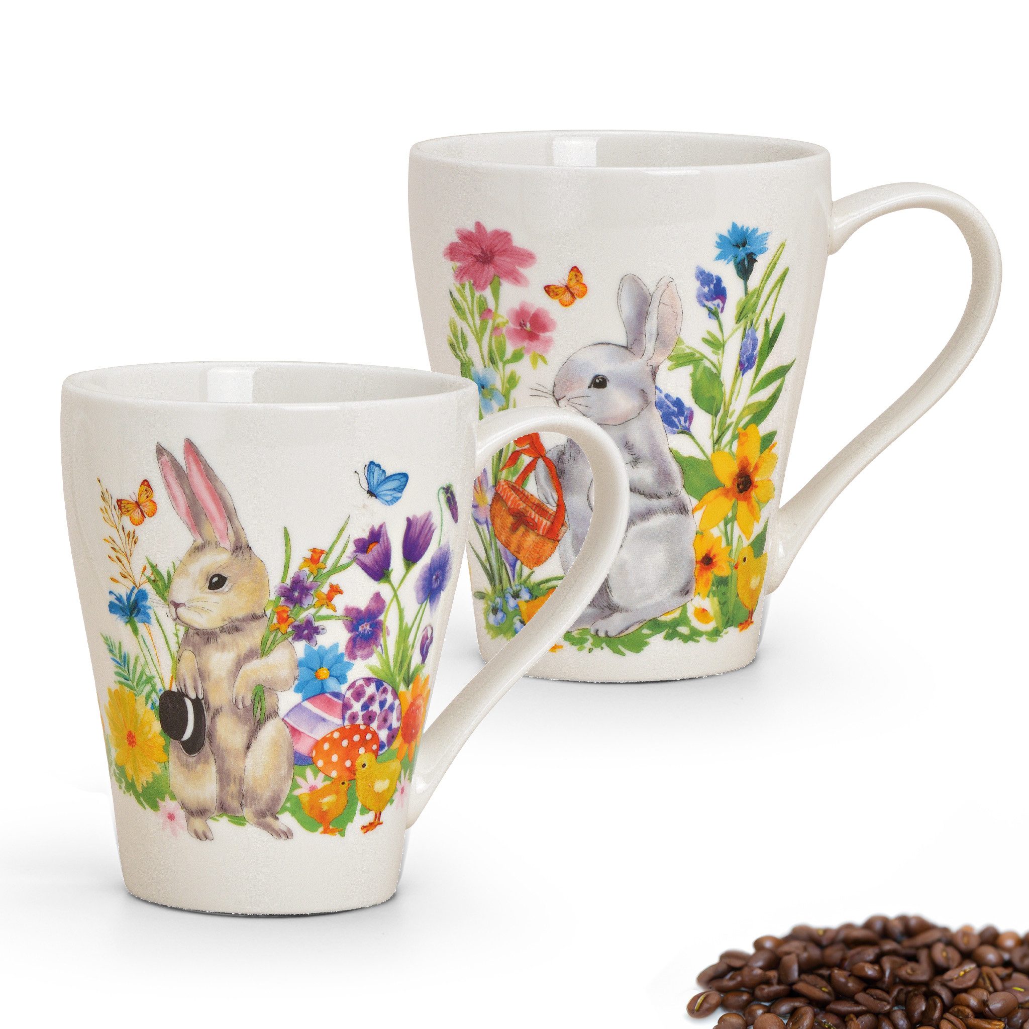 matches21 HOME & HOBBY Tasse Kaffeetassen 2er Set Ostern Frühling Osterhase Blumen, 2-tlg., Porzellan, Tee, Kaffee-Becher, klassisch, weiss bunt, 350 ml