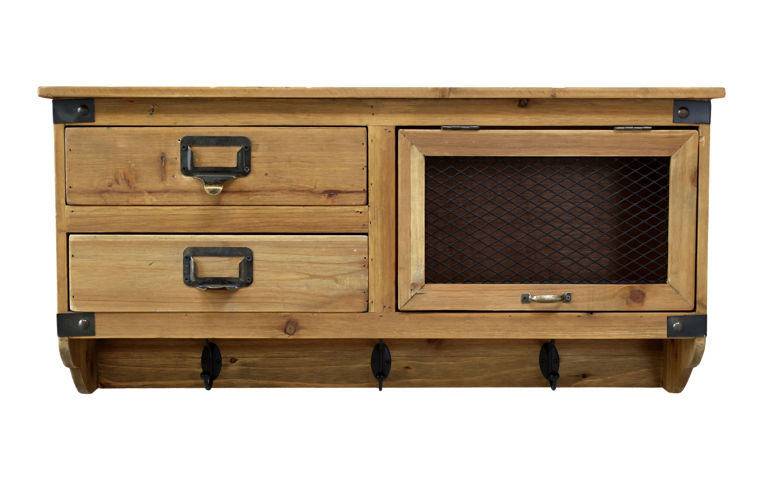 Wandregal Wandregal Regal Holz mit 3 Haken 2 Schubladen Natur L 70cm Chic