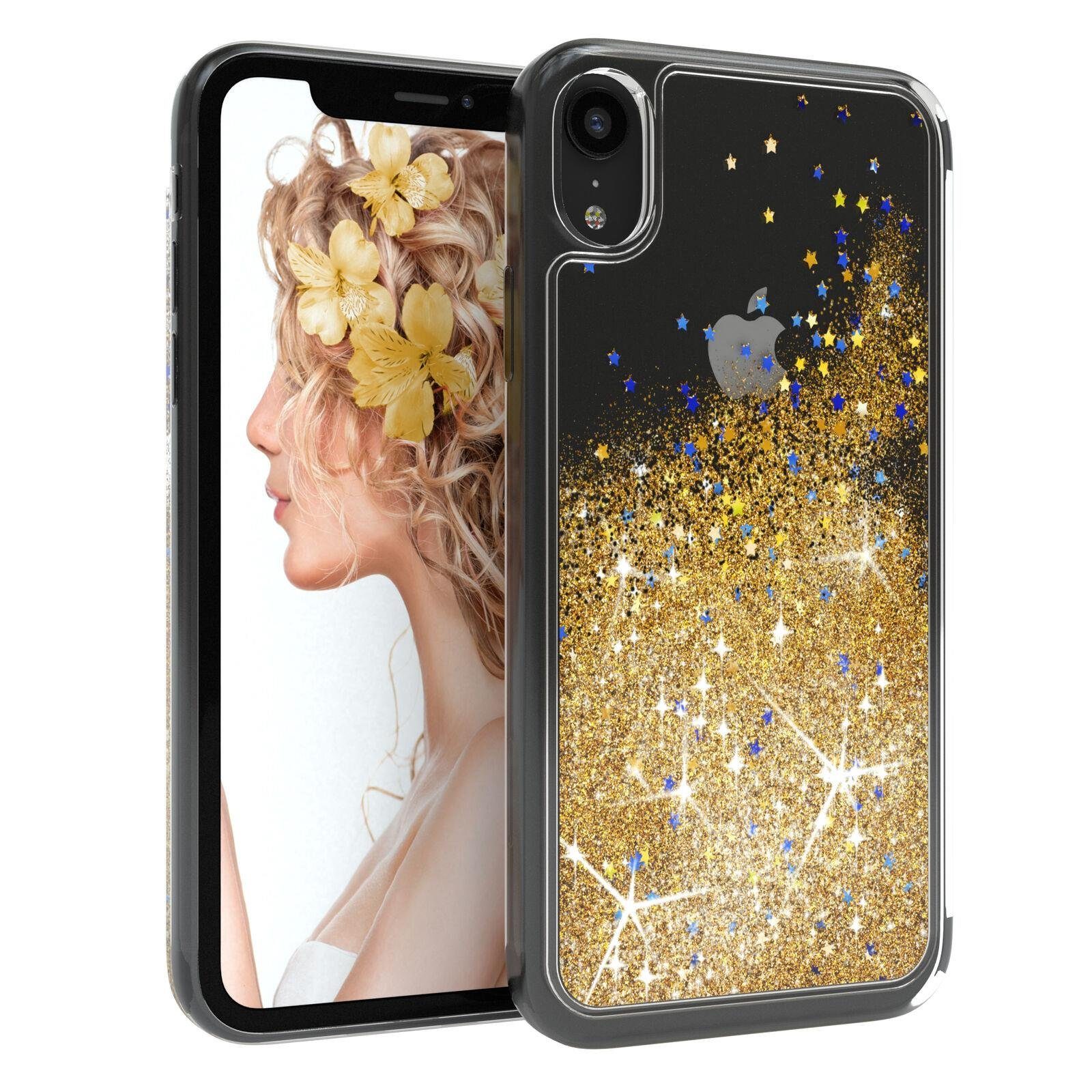 EAZY CASE Handyhülle Liquid Glittery Case für Apple iPhone XR 6,1 Zoll, Durchsichtig Back Case Handy Softcase Silikonhülle Glitzer Cover Gold