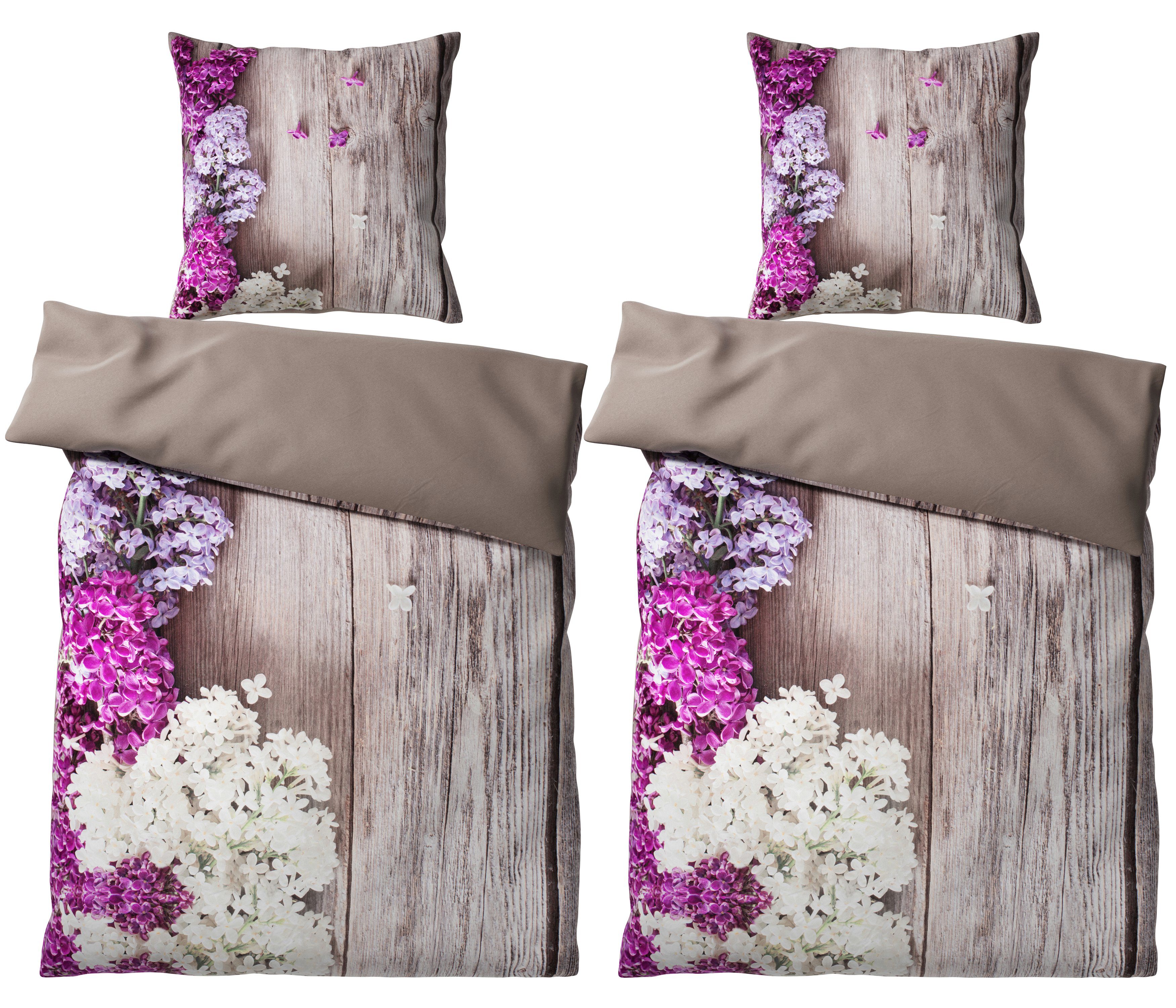 Bettwäsche Flieder 135x200 cm, 100% feinste Baumwolle, 4-teilig, Bettbezug,  Kissenbezug 80x80cm, Sanilo