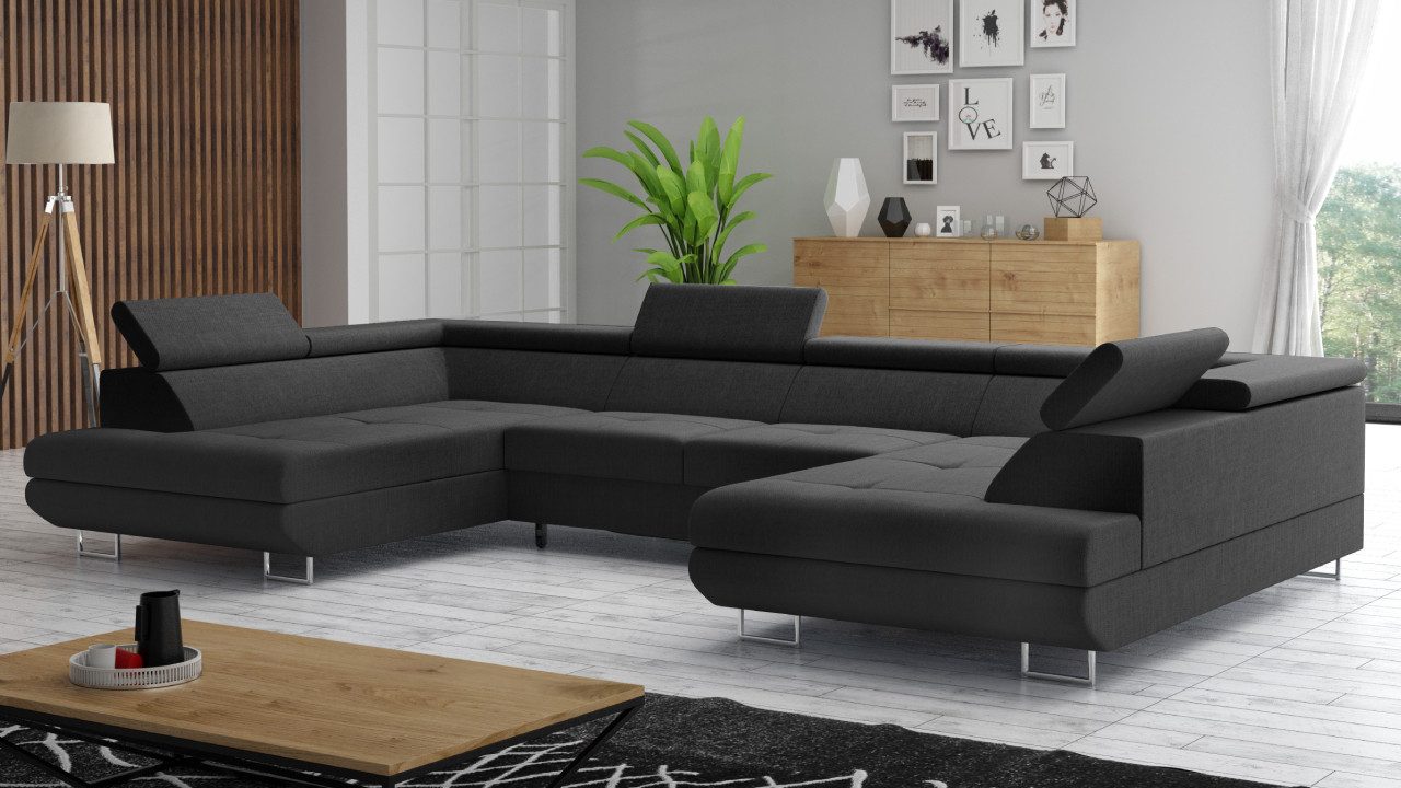 M-Punkt24 Wohnlandschaft Miami, U-Form Schwarz, mit Bettfunktion, mit Bettkasten, mit verstellbaren Kopfstützen