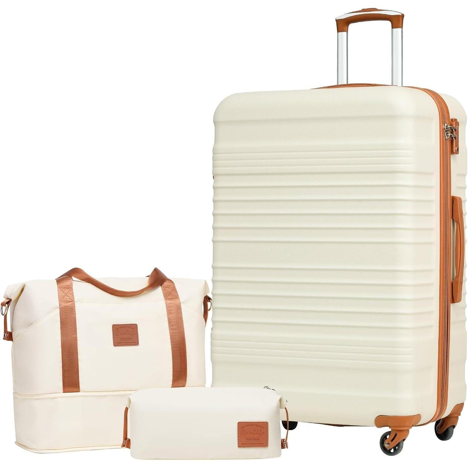 LuxusKollektion Kofferset Koffer-Set ABS Hartschale 4 Rollen TSA-Schloss 3tlg Weiß/Braun