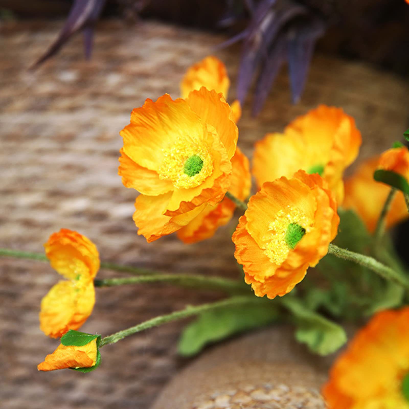Blumenschmuck,60cm Künstlicher Mohnblumen-Zweigmit Kunstzweig Blütenköpfen lang Pflanzen künstliche 4 Haus MohnSeidenblumen Beflockung Kunststoff, Orange-rot SEEZSSA, Für
