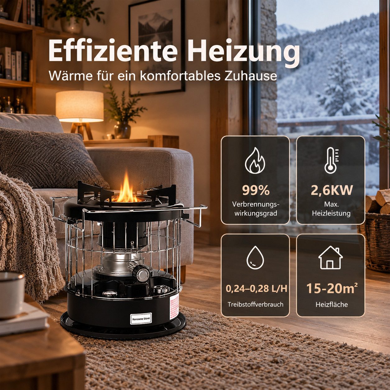 GLIESE Petroleumheizung – Brennstoffbetriebener Raumheizkörper R95, tragbar & Campingkocher, Ohne Strom, 2600 W, 12,5 h Laufzeit, Heizen & Kochen, 6,5 kg – Bild 5 von 5