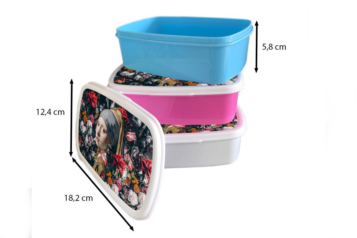 MuchoWow Lunchbox (2-tlg), für weiß - Erwachsene, für Mädchen mit Brotbox Vermeer Brotdose, Kunststoff, Kinder - Blumen, Jungs Mädchen Perlenohrring und und dem Johannes Das