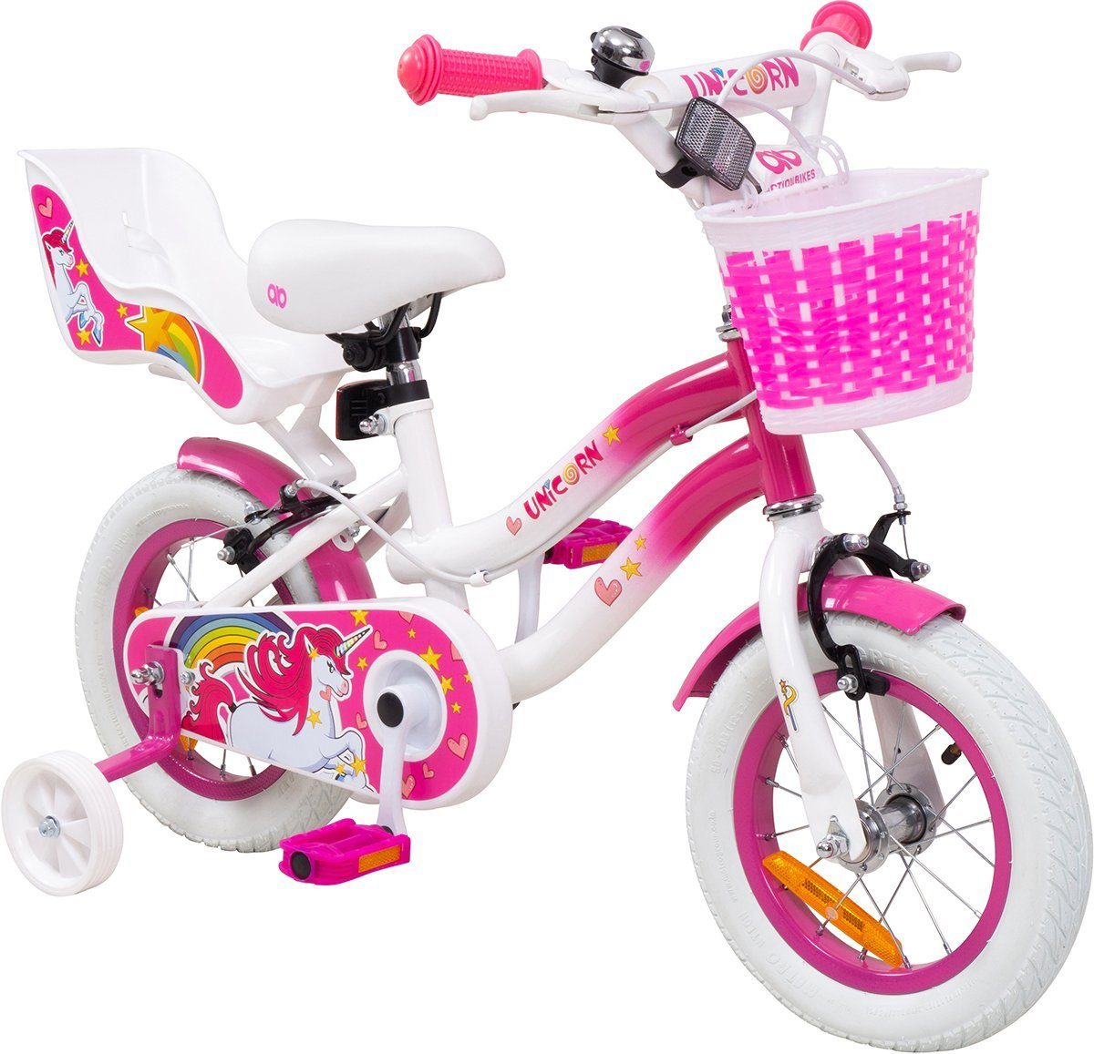 Kinderfahrrad Mädchen Kinder Fahrrad Unicorn inkl. Puppensitz & Fahrradkorb