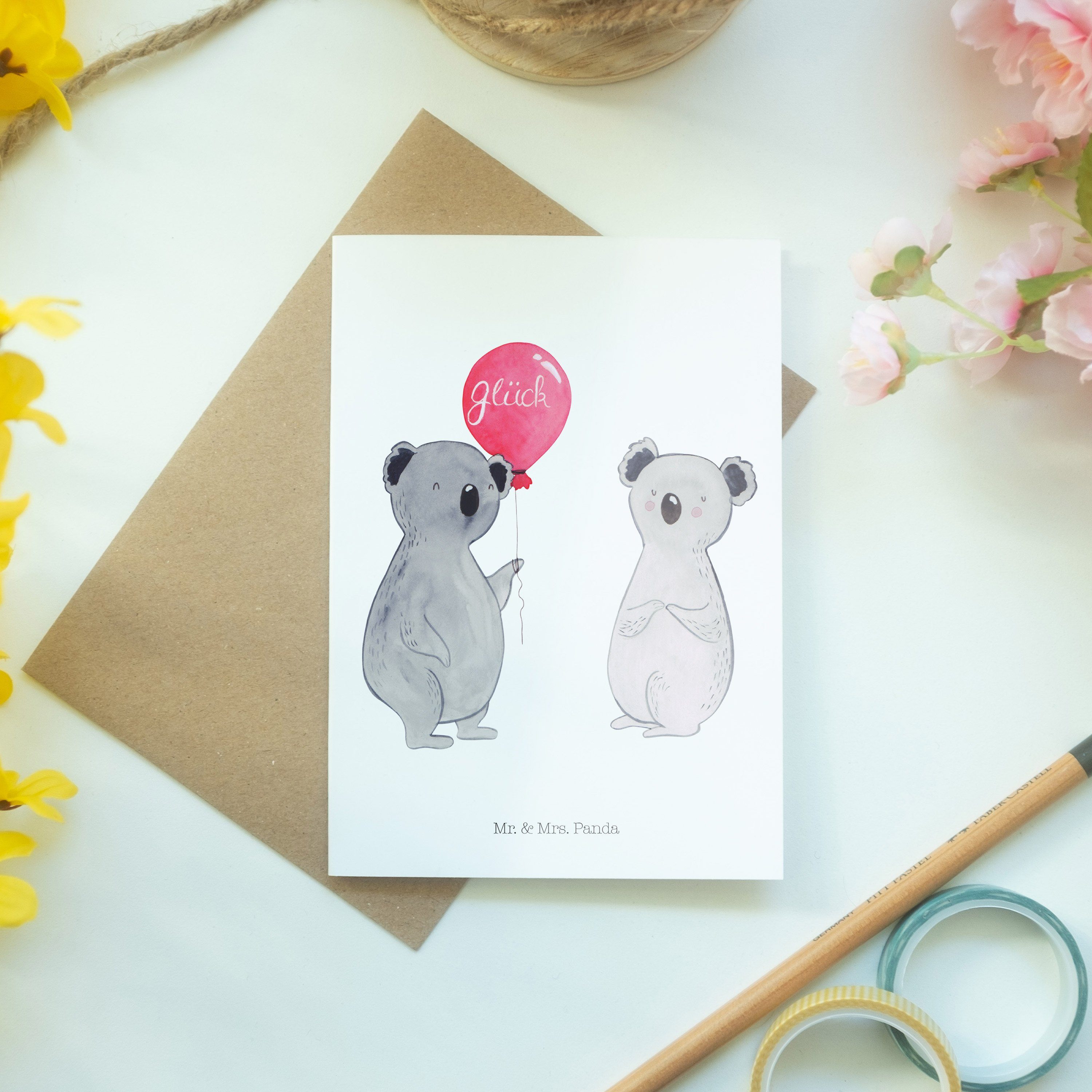 Mr. & Panda Geburtstagskarte, Geburtstag, Kar Koala Luftballon - Geschenk, - Weiß Mrs. Grußkarte