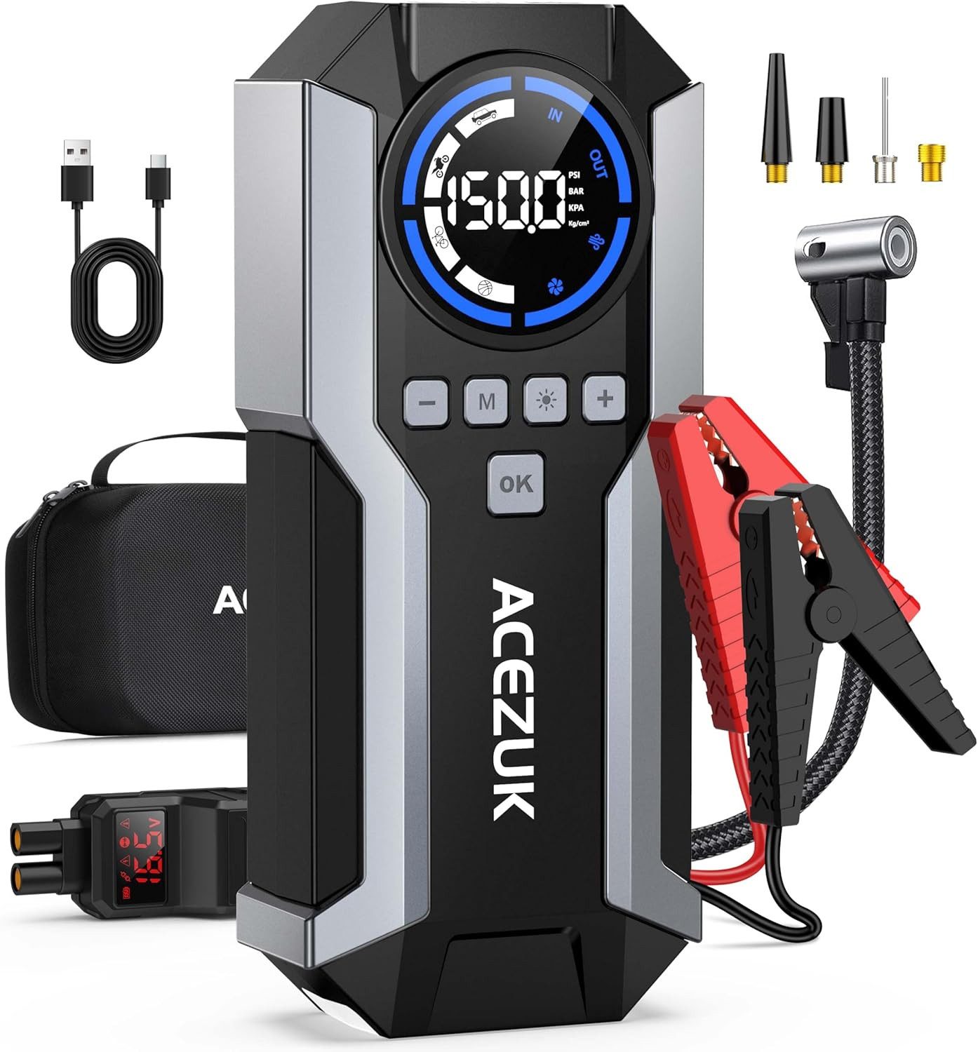 Acezuk Starthilfegerät Auto-Starthilfe mit Luftkompressor 3-in1 Starthilfegerät (12 V), 150 PSI, 6000A mit LED-Notlicht und USB-Powerbank