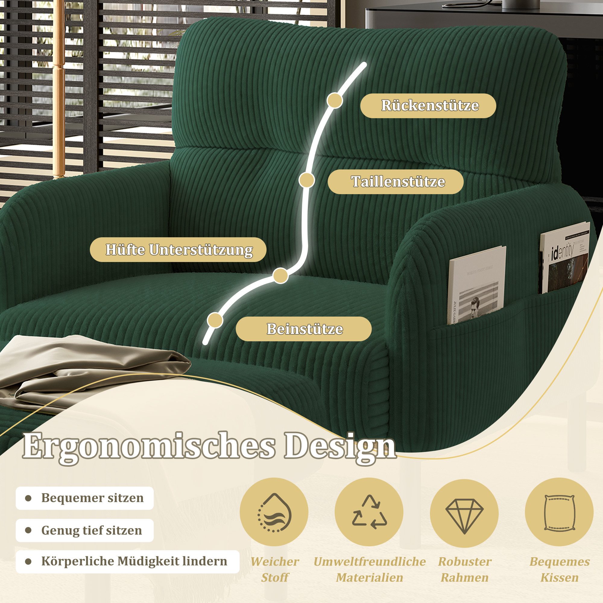 Celya Sessel Relaxsessel Polsterstuhl Loungesessel, Cordstoff (1-St, 67x75x79 cm, Armlehnen mit Seitentaschen auf beiden Seiten), geeignet für Wohnzimmer, Schla – Bild 4 von 5