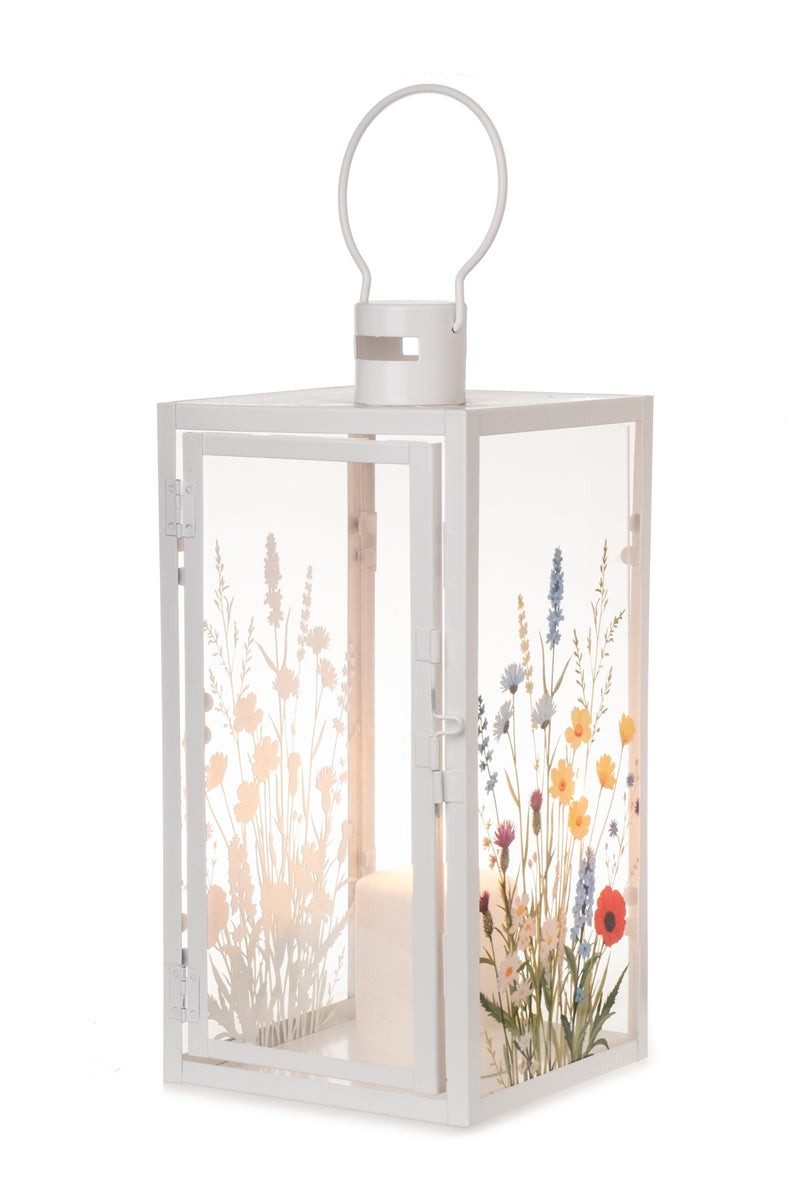 finehomegarden Kerzenlaterne Laterne mit Blütenmotiv Weiß Dekorative Garten- & Wohnlaterne Deko (1 St), aus Metall & Glas für Kerzen H24cm & H34cm 2Größen wählbar