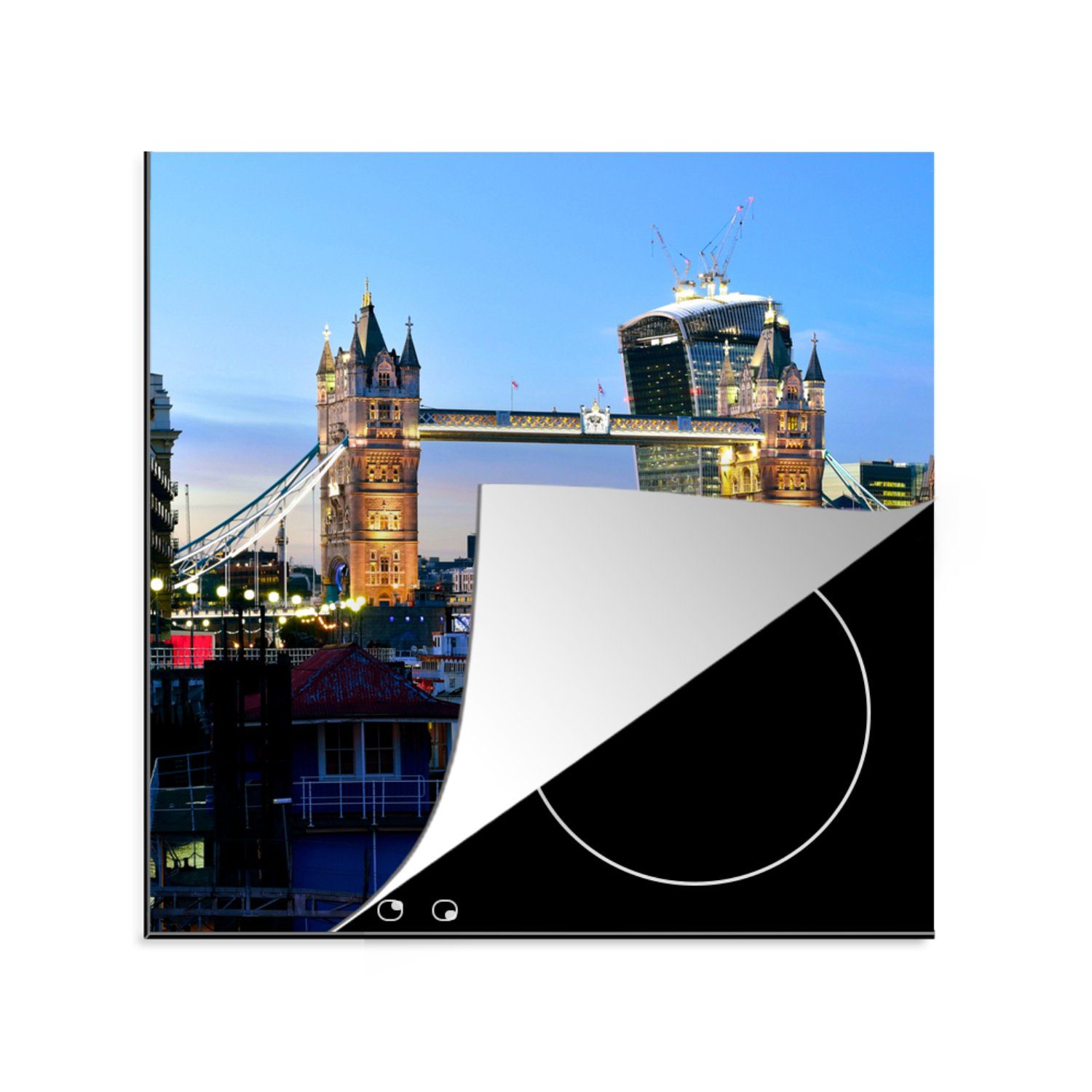 MuchoWow Herdblende-/Abdeckplatte Die beleuchtete Tower Bridge in London, Vinyl, (1 tlg), 78x78 cm, Ceranfeldabdeckung, Arbeitsplatte für küche