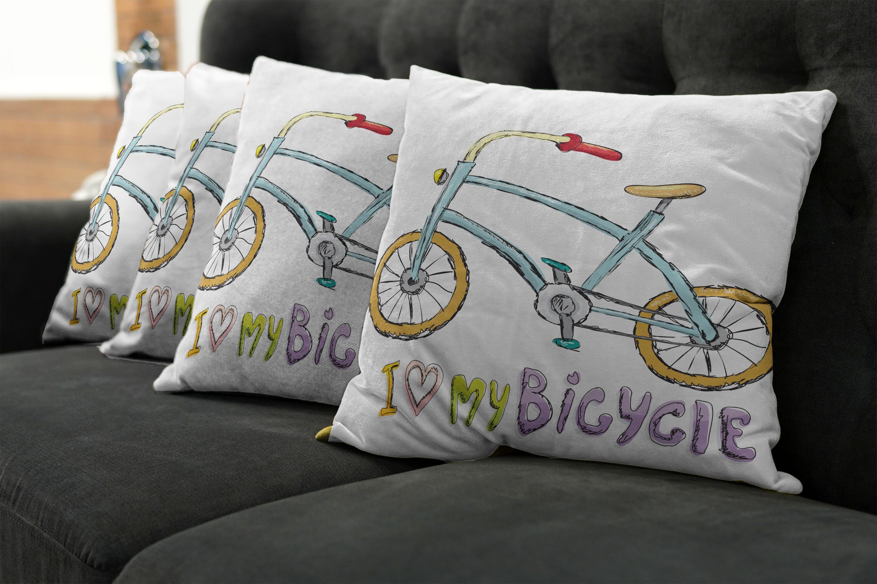Modern Fahrrad-Kinder Kissenbezüge Abakuhaus Karikatur Accent Liebe Doppelseitiger Digitaldruck, (4 Stück), Worte