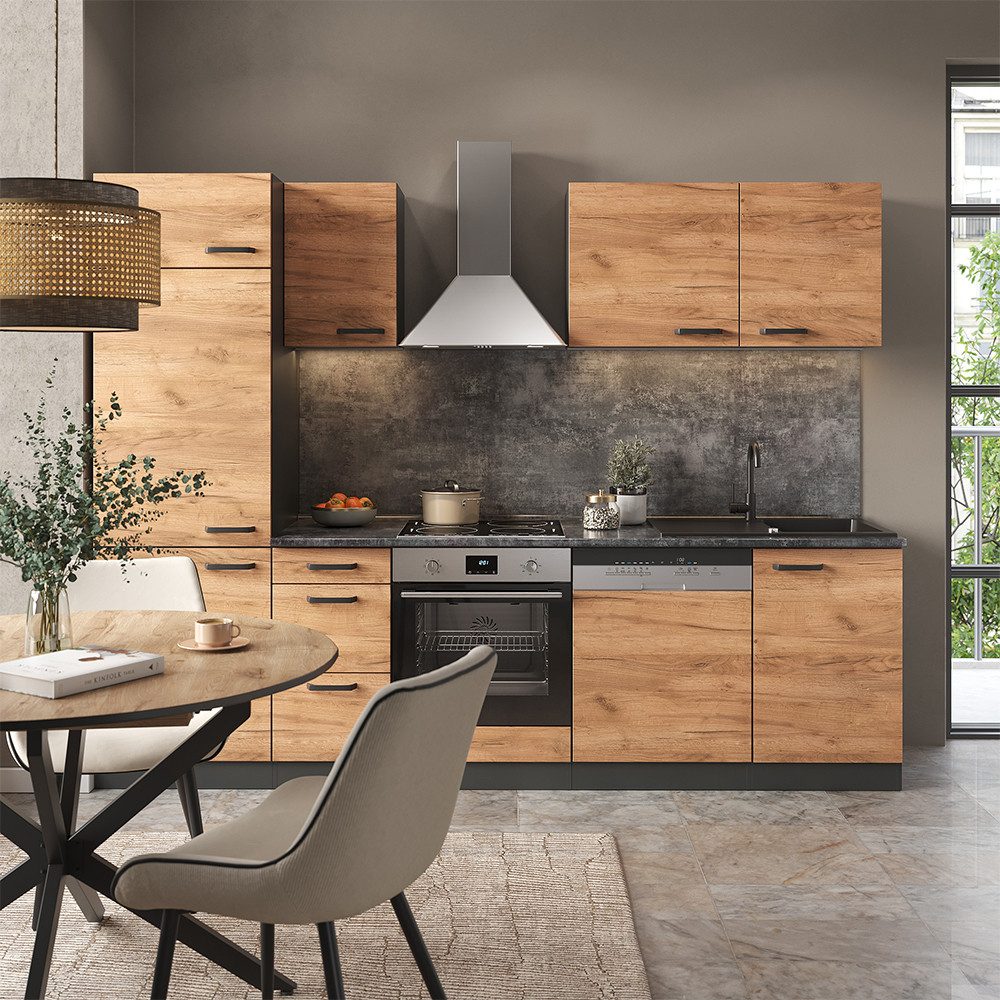 Vicco Küchenzeile Optima, Goldkraft Eiche/Anthrazit, 270 cm ohne Arbeitsplatte, mit H...