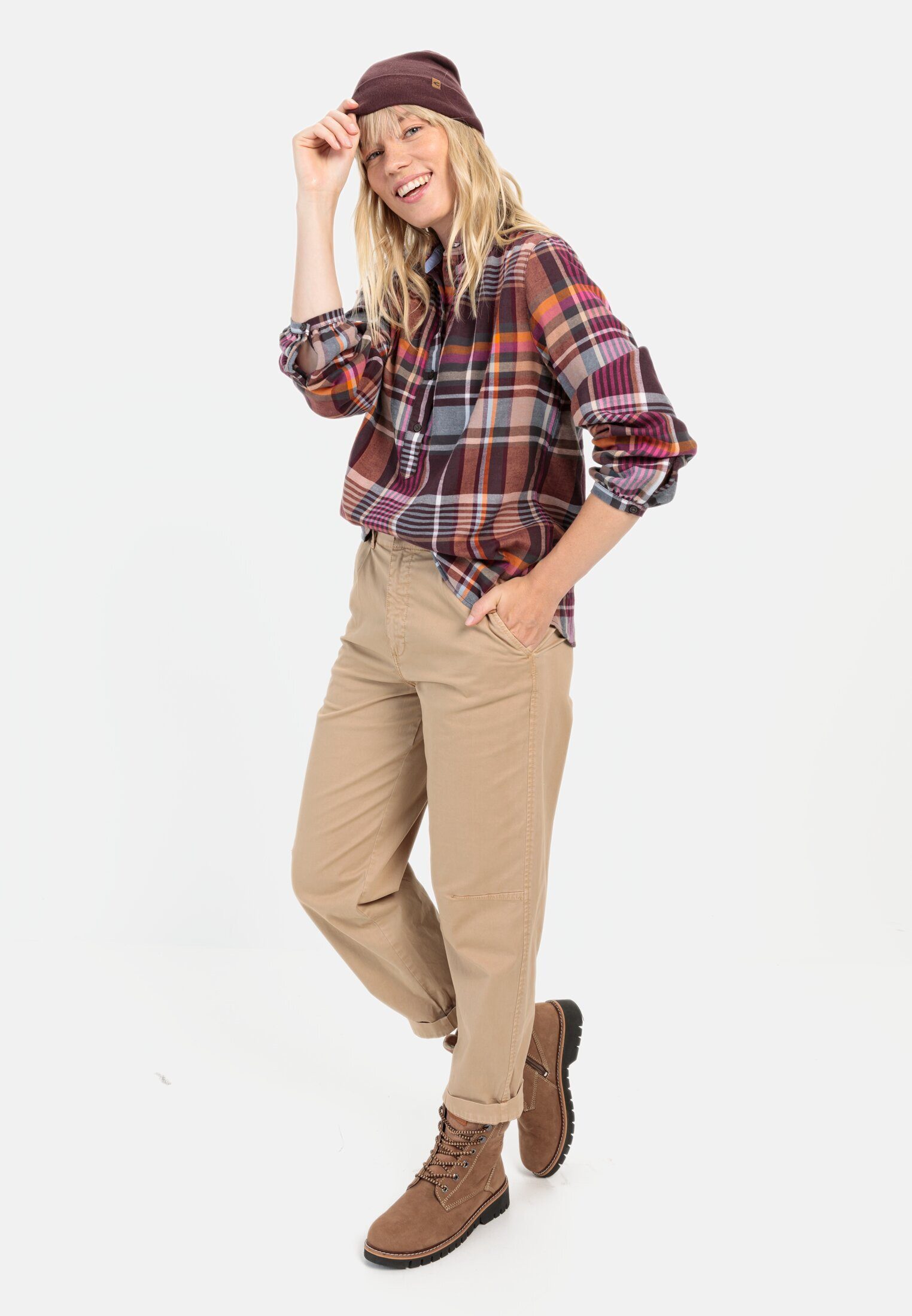 camel active Hemdbluse mit Stehkragen Langarm Stehkragen kariert