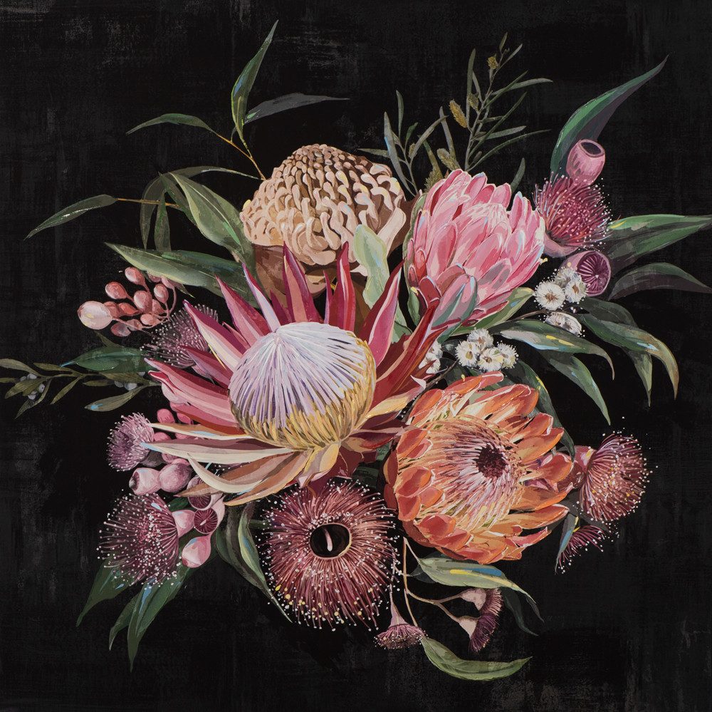 ArtUniverse Gemälde Blumenstrauß auf Dunklem Hintergrund III Naturmotiv Grün 100 x 100 cm, Naturmotiv