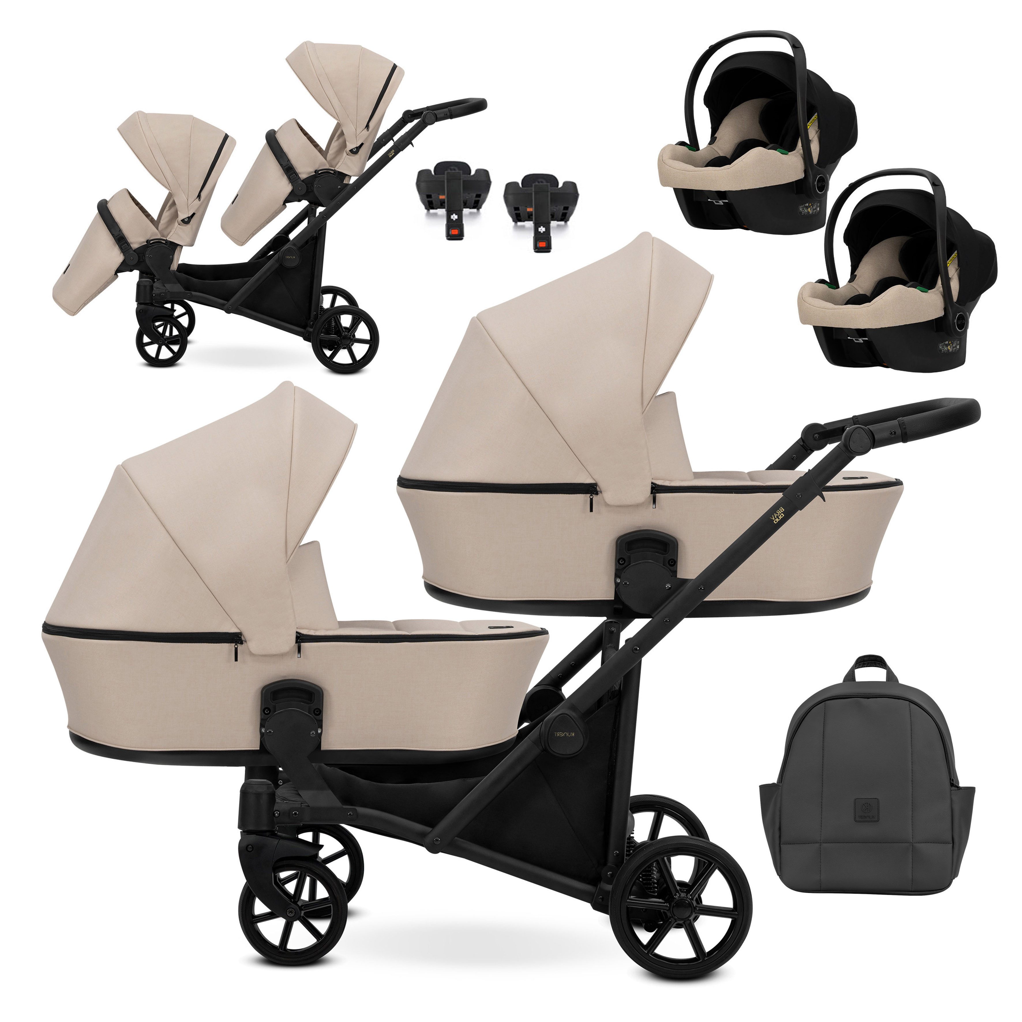 Zwillings-Kombikinderwagen Zipy Duo 5 in 1 inkl. Sportsitze, Autositze und Iso Bases in 6 Farben