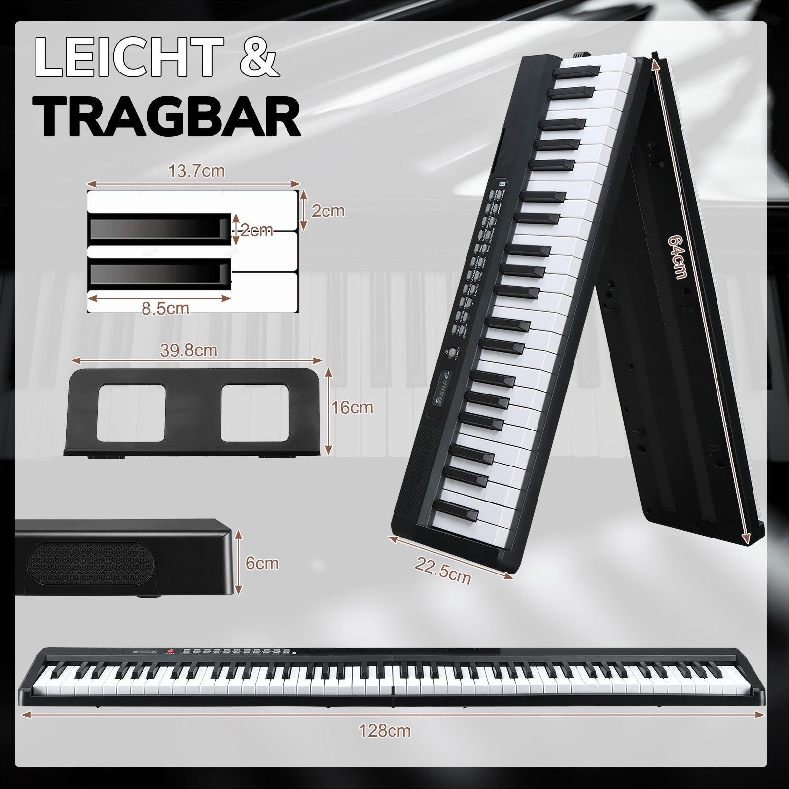 LALAHO Digitalpiano Klappbare E-Keyboard mit 88 Tasten, Klappklavier, Bluetooth und MIDI, tragbar, mit Kopfhörer, Lautsprecher