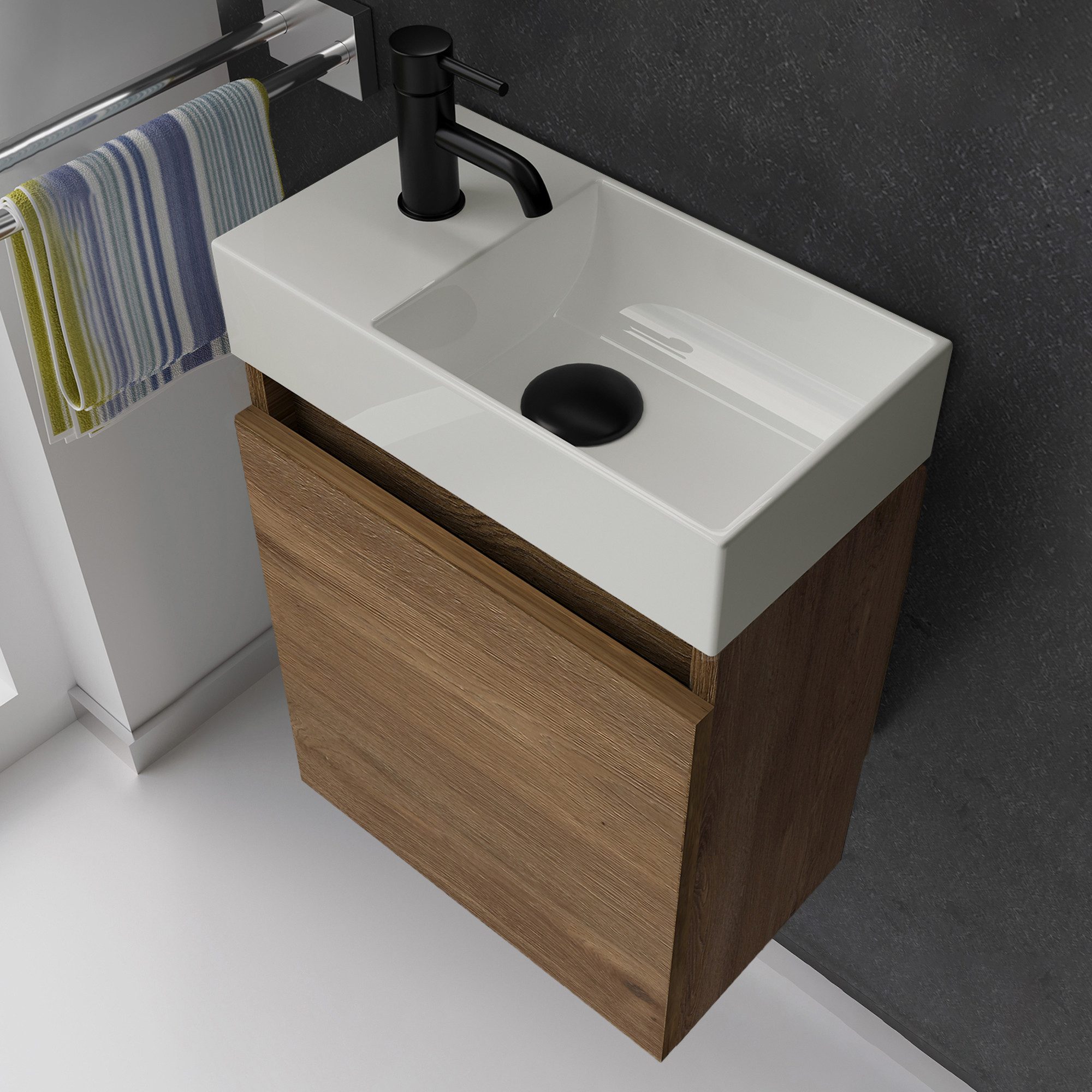 Alpenberger Badmöbel-Set Gäste WC Waschbecken mit Unterschrank - Badschrank Hängend, (2-tlg. Waschtisch Set Eiche, Waschbeckenunterschrank mit Softclose), Waschplätze für Kleine Bäder - Badschrank Hängend und Vormontiert